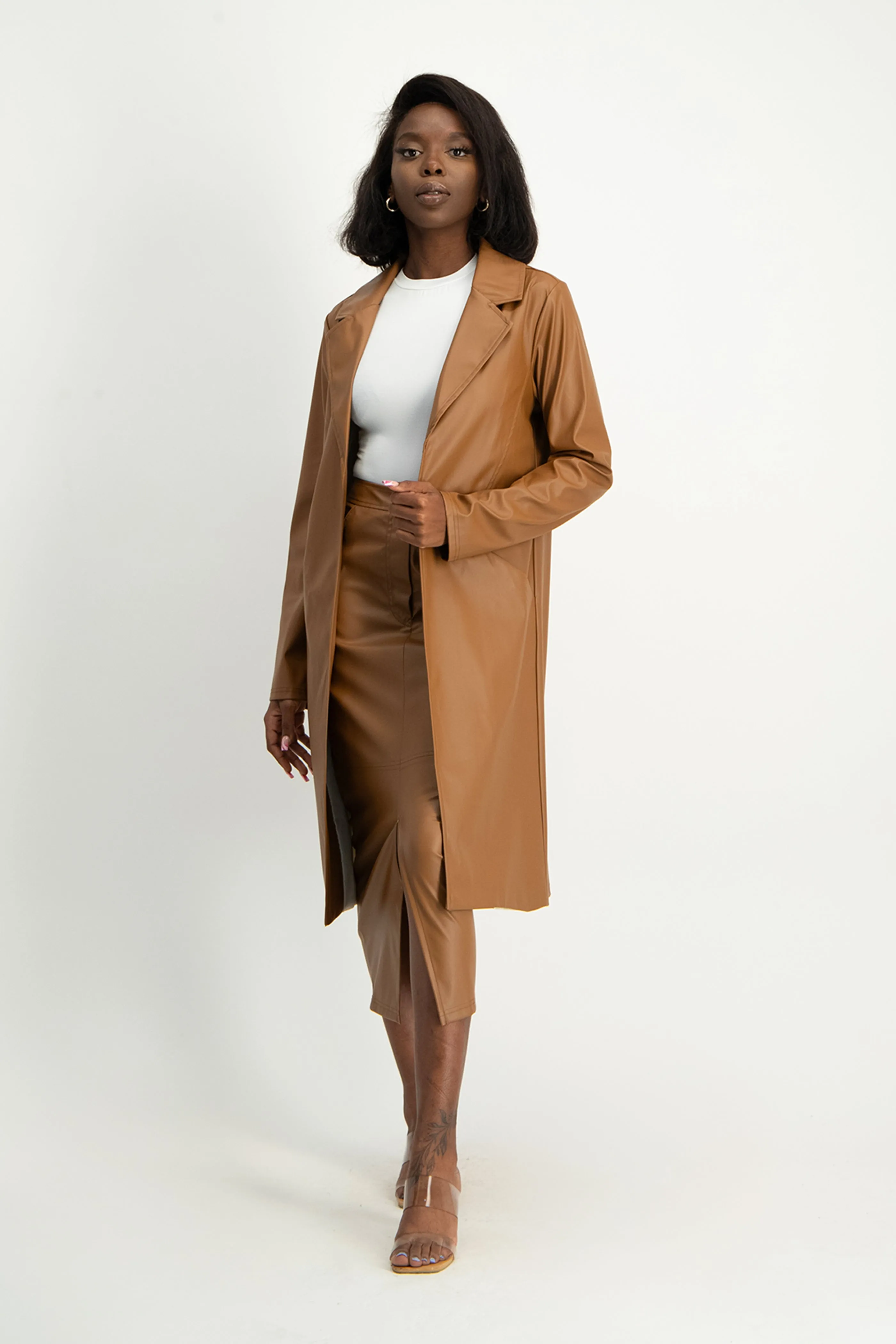 Cece Faux Leather Trench Coat - Brown