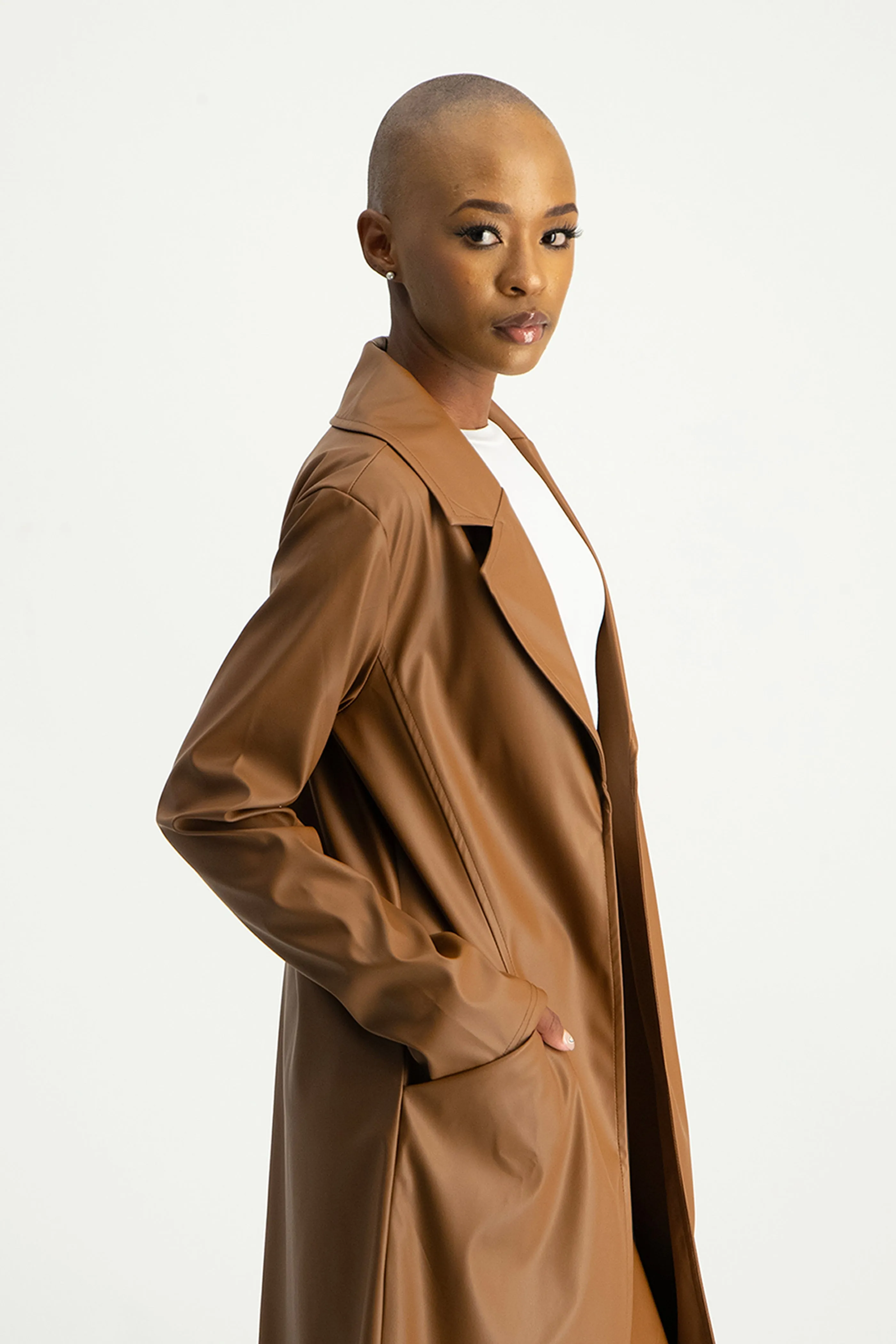 Cece Faux Leather Trench Coat - Brown