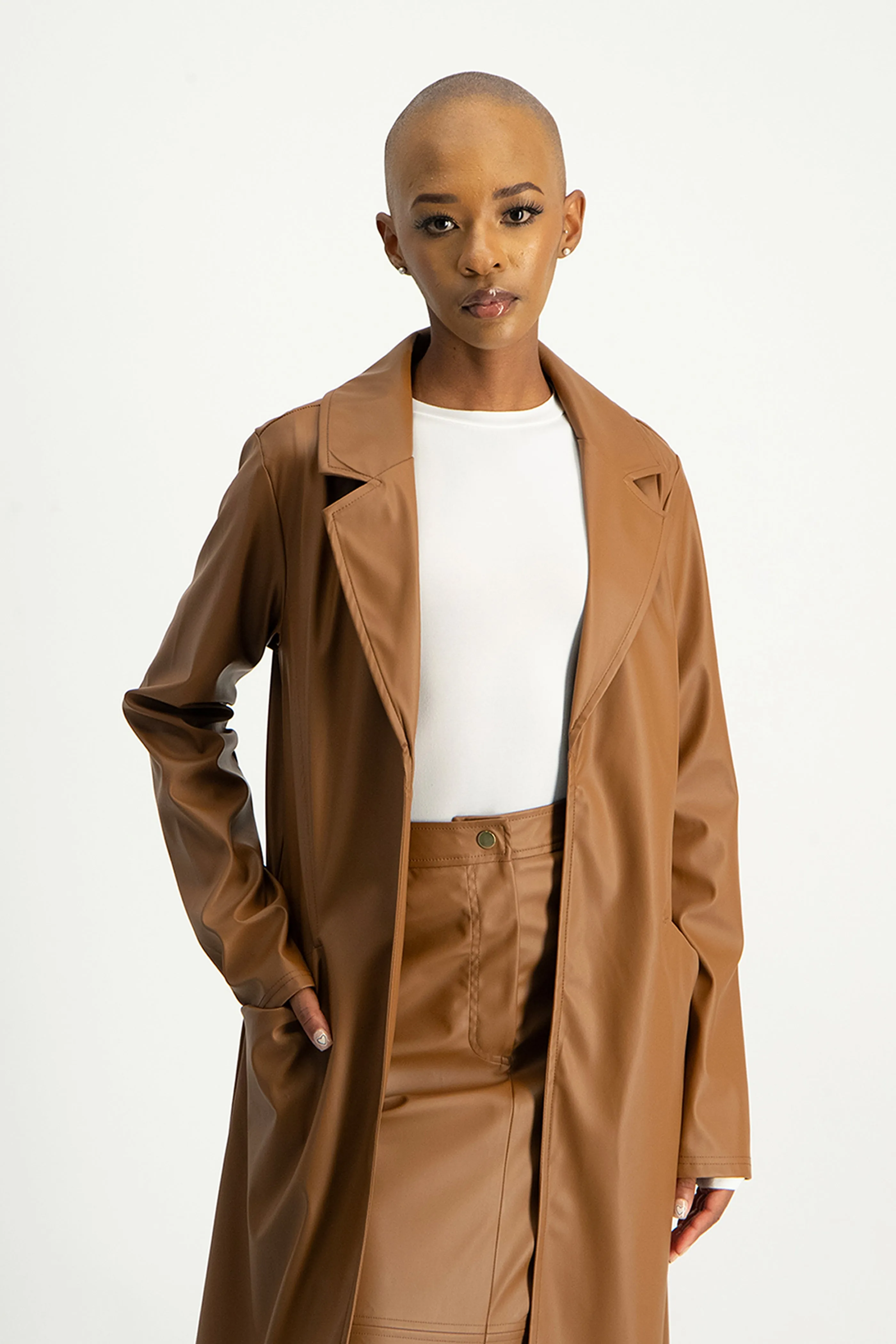 Cece Faux Leather Trench Coat - Brown