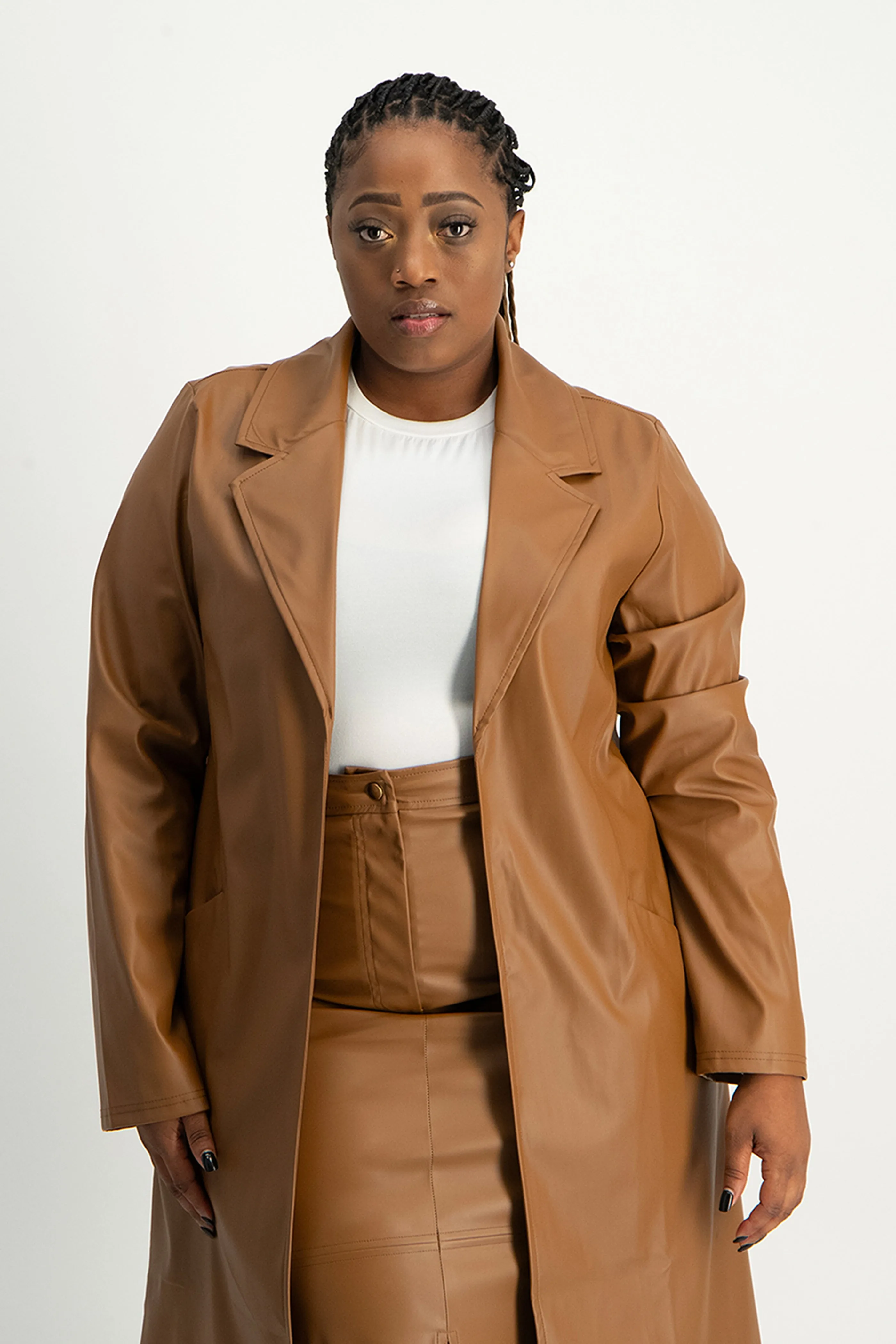 Cece Faux Leather Trench Coat - Brown