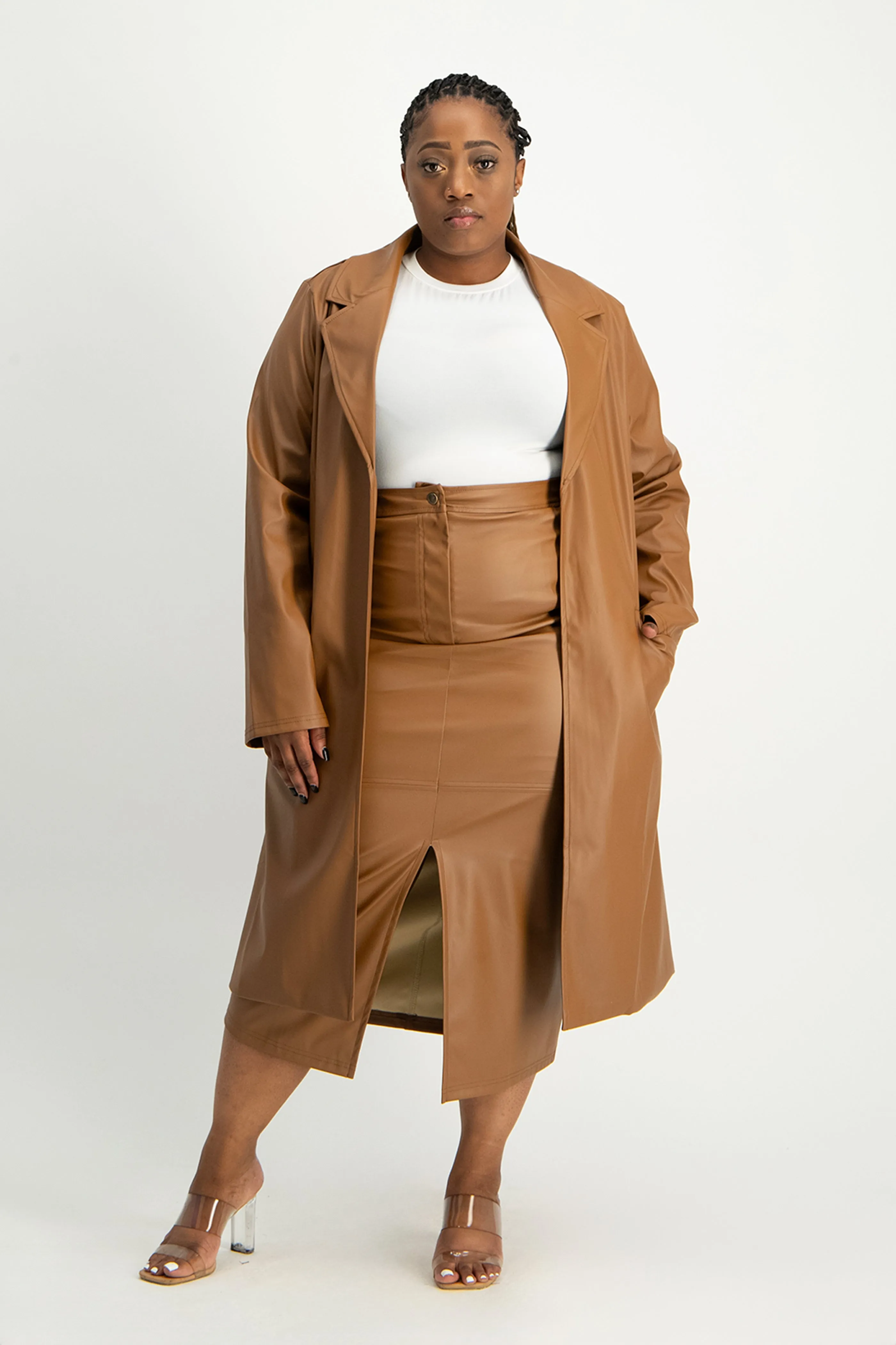 Cece Faux Leather Trench Coat - Brown