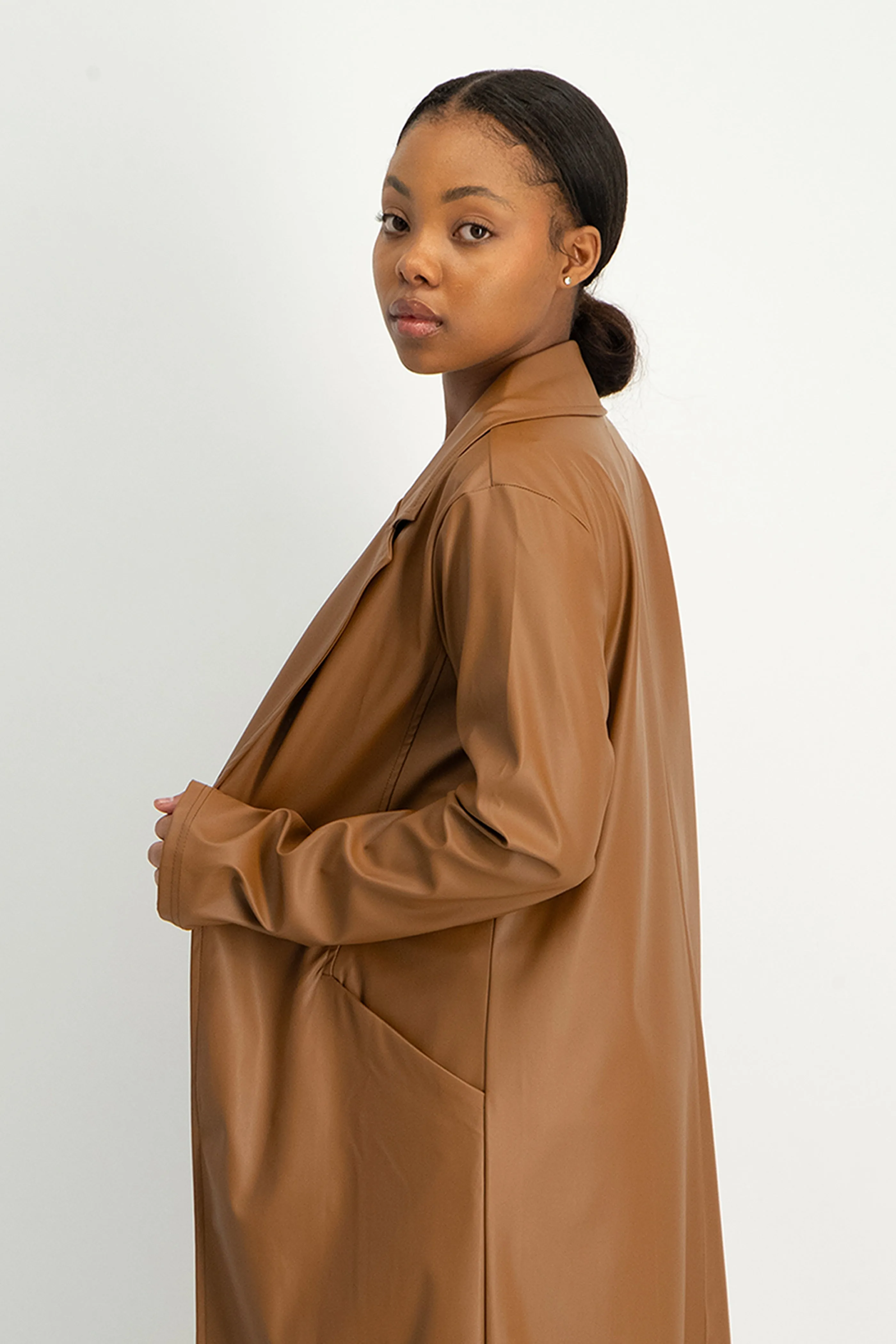 Cece Faux Leather Trench Coat - Brown