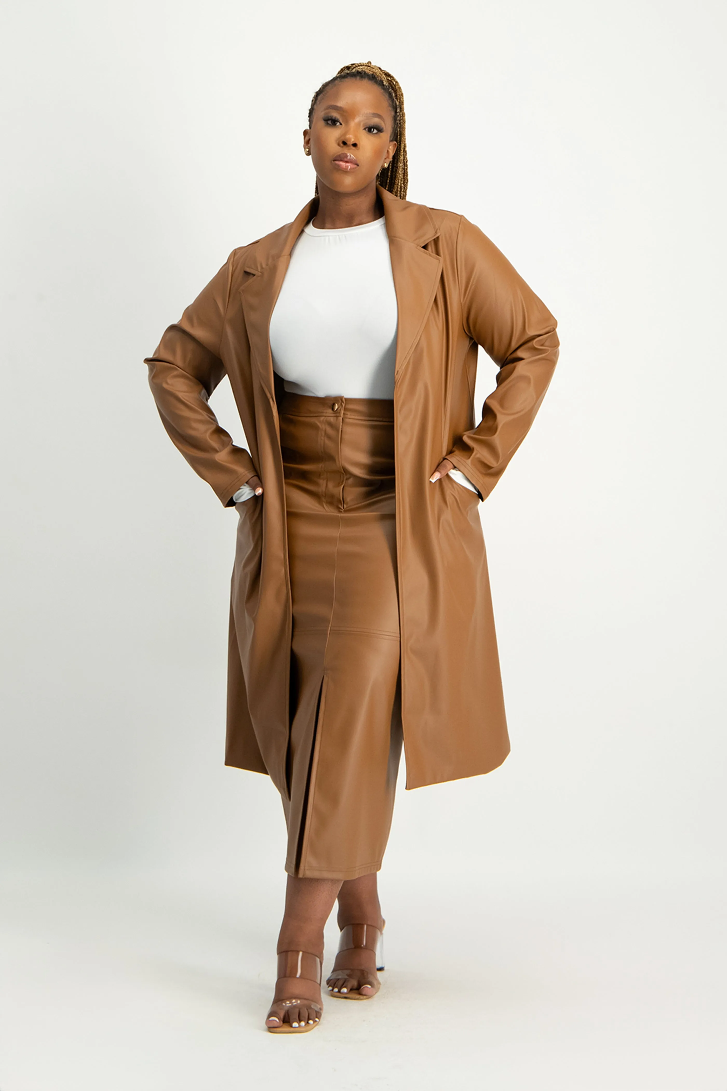 Cece Faux Leather Trench Coat - Brown