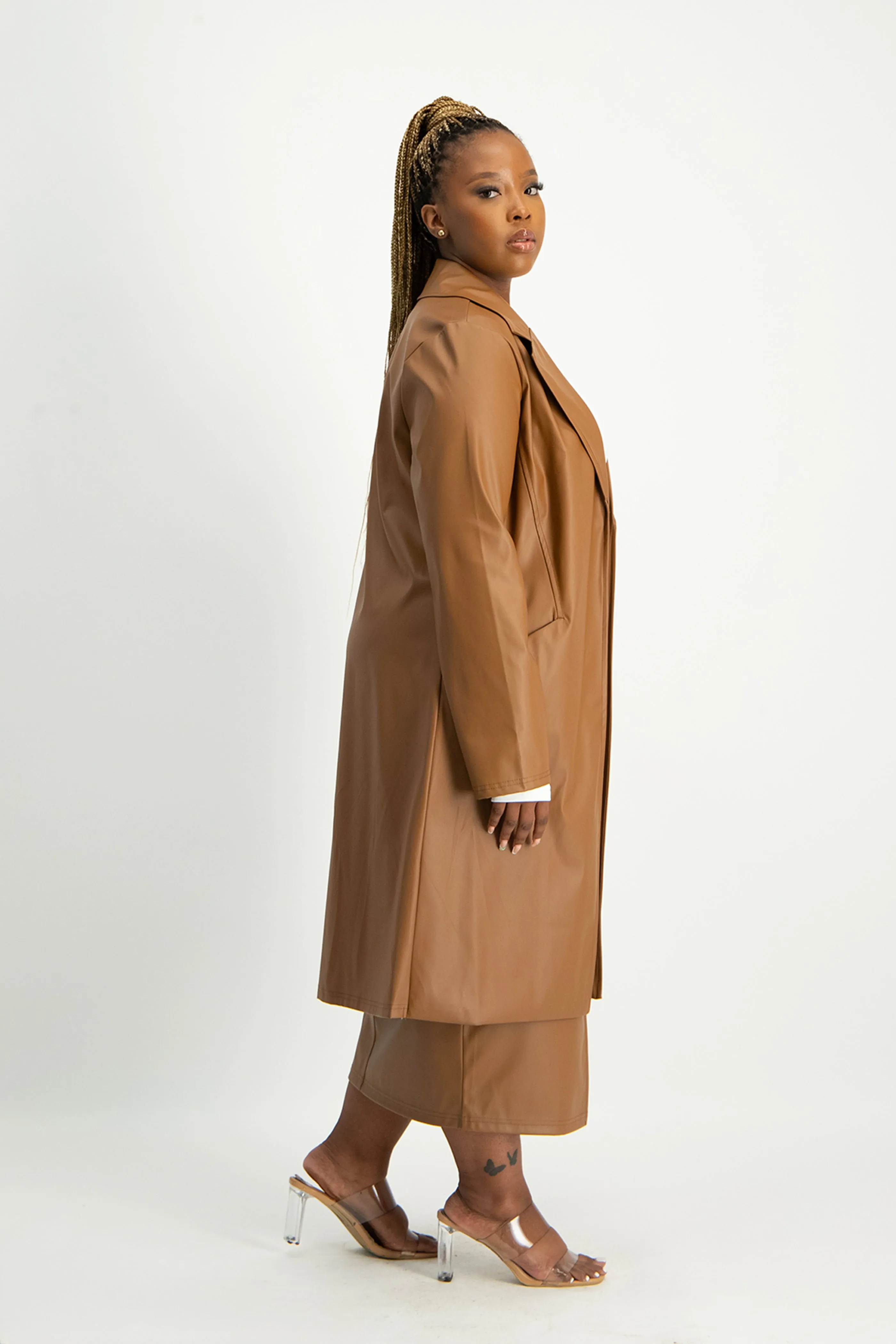 Cece Faux Leather Trench Coat - Brown