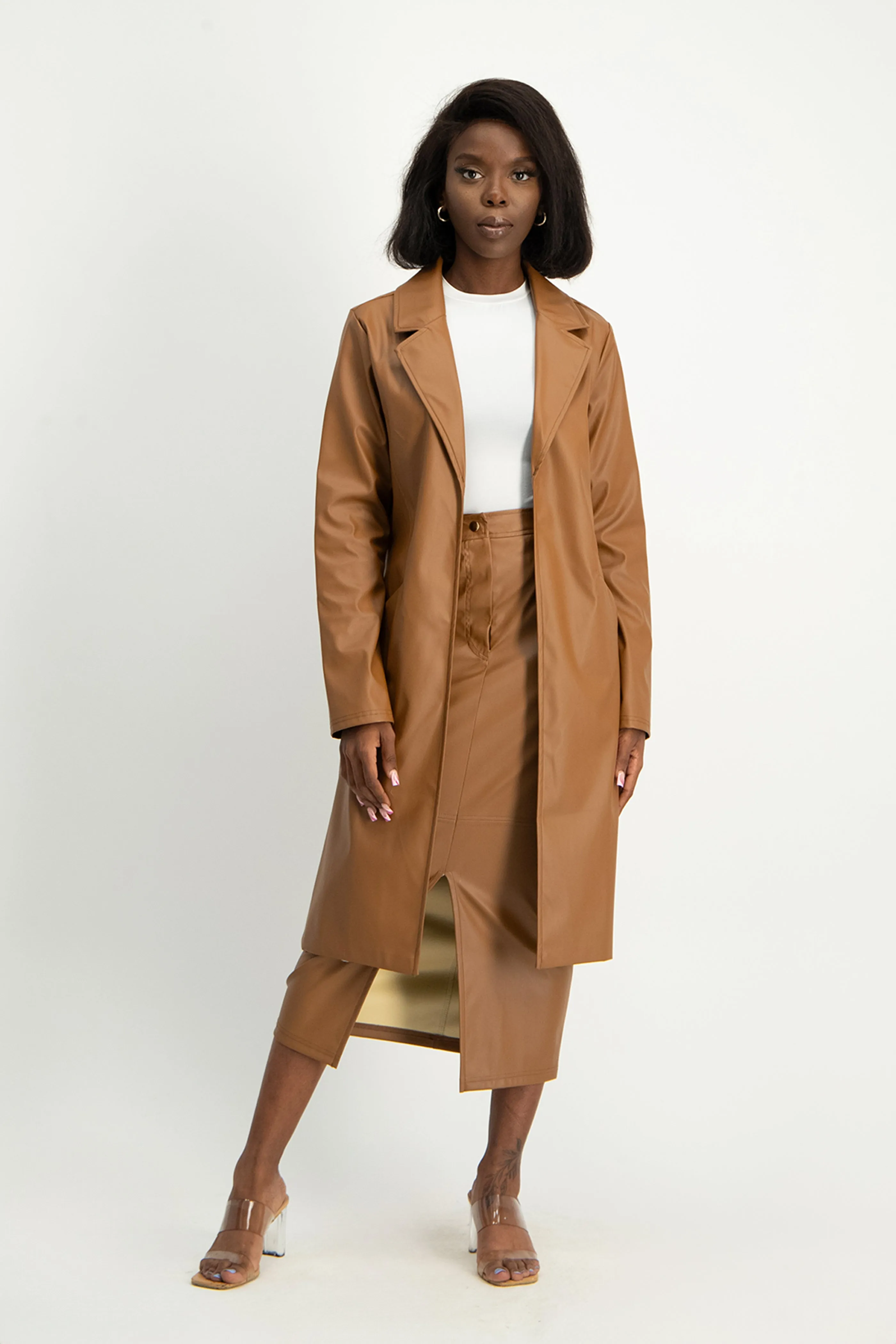 Cece Faux Leather Trench Coat - Brown