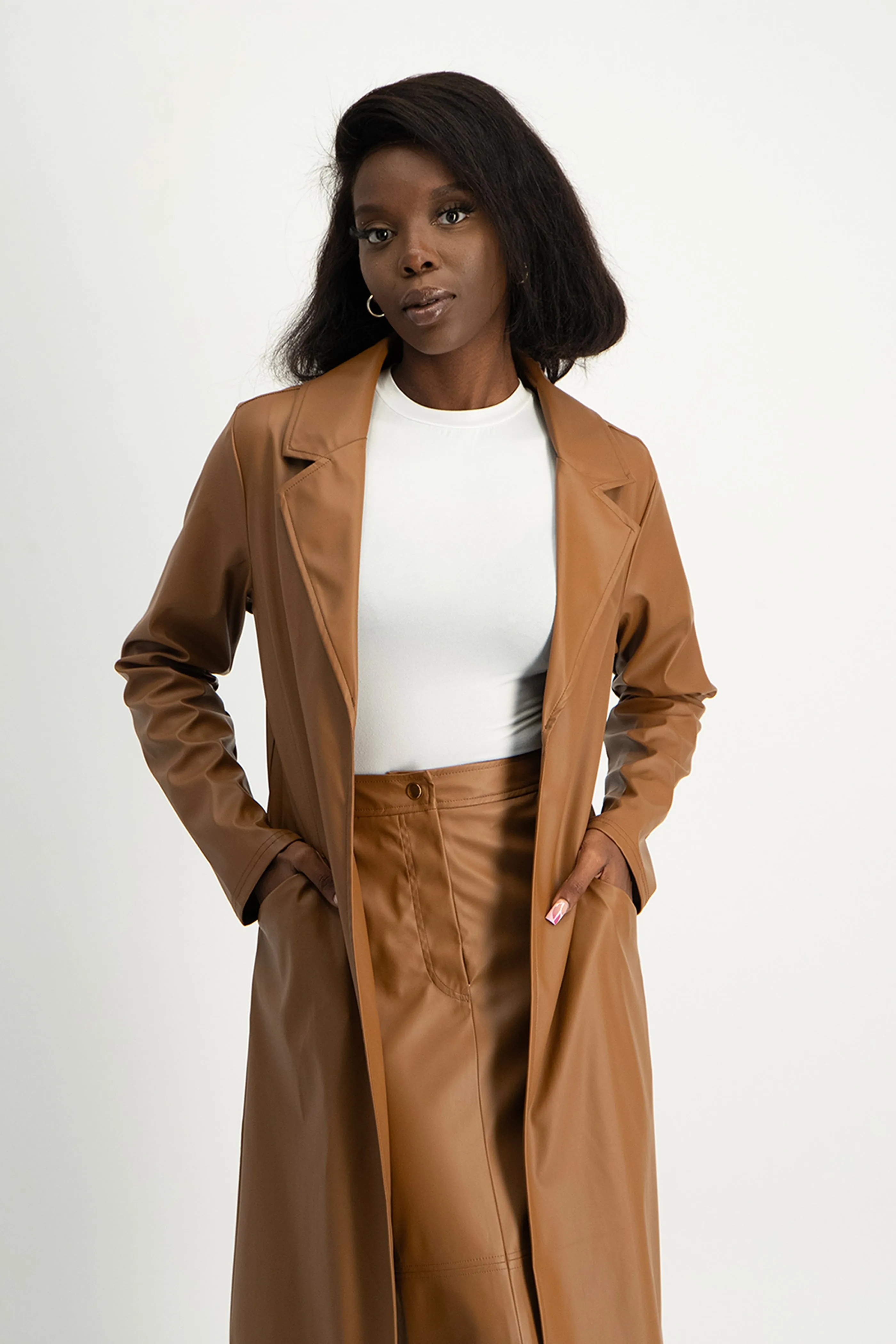 Cece Faux Leather Trench Coat - Brown