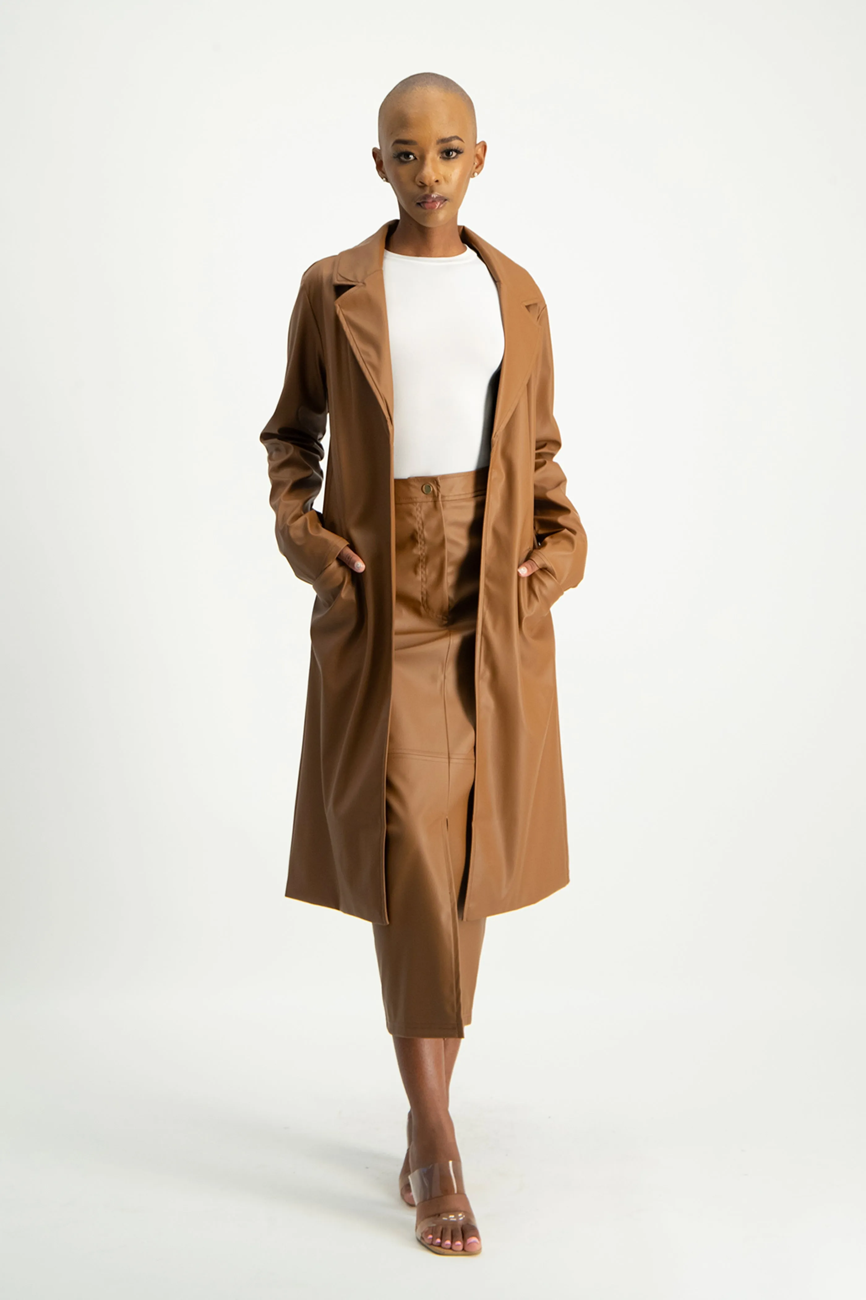 Cece Faux Leather Trench Coat - Brown