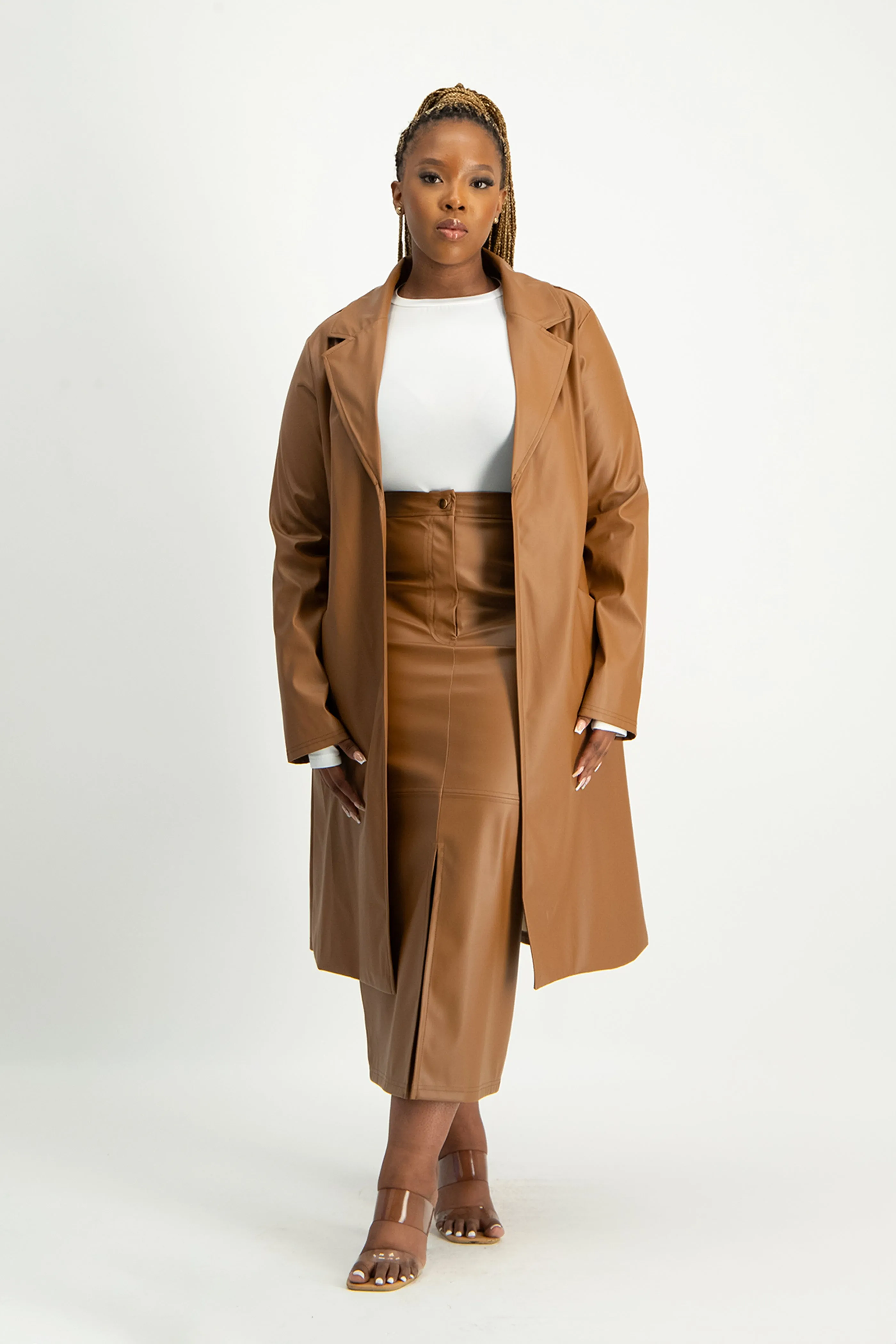 Cece Faux Leather Trench Coat - Brown