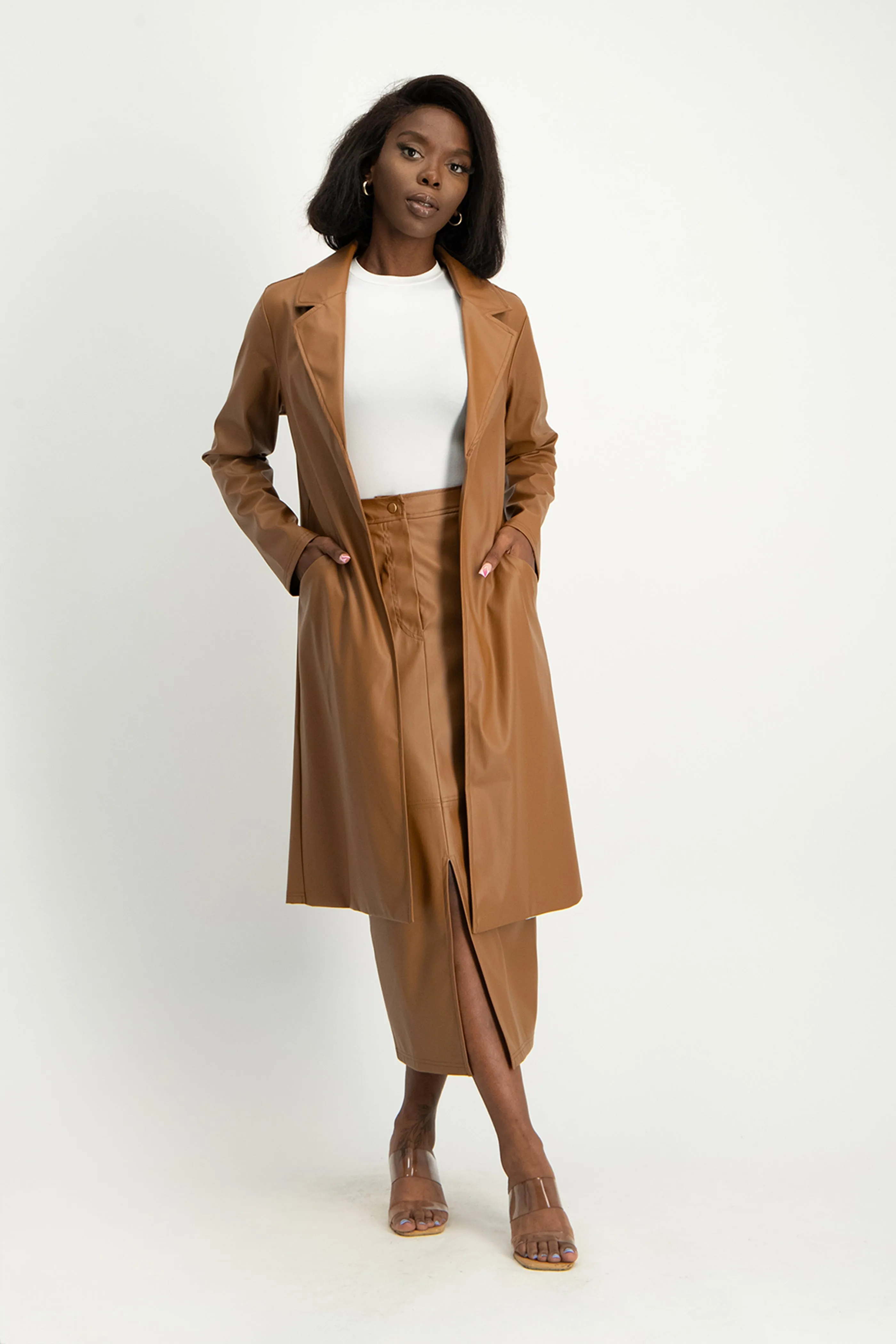 Cece Faux Leather Trench Coat - Brown