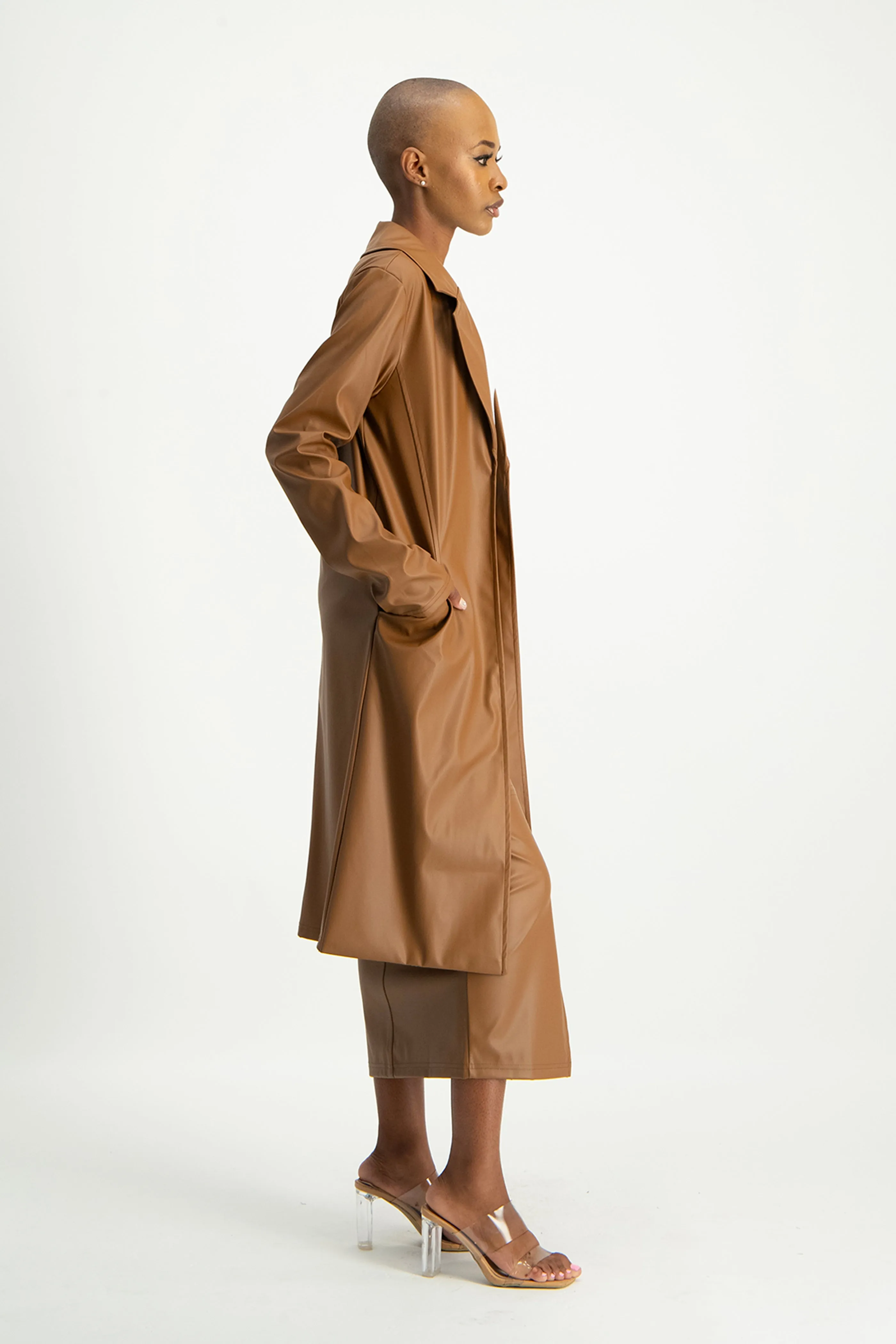 Cece Faux Leather Trench Coat - Brown