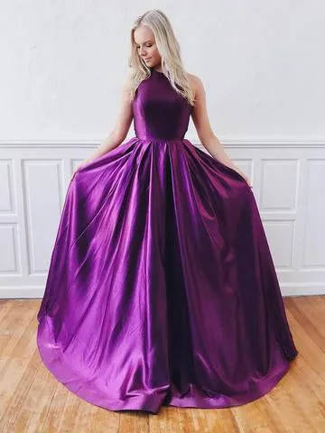 Cheap Purple Backless Long Prom Dresses With Pockets PFP1448