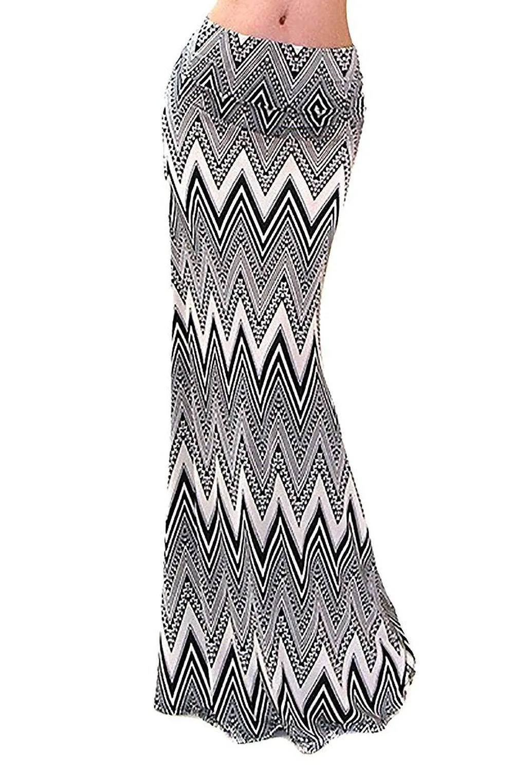 Chevron Striped Black Khaki High Waist Maxi Skirt U.S.A.