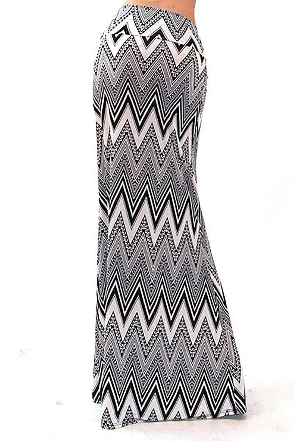 Chevron Striped Black Khaki High Waist Maxi Skirt U.S.A.