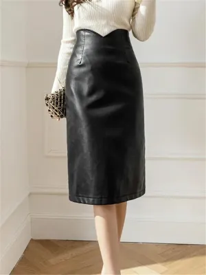 Chic High-Waisted Black Faux Leather Midi Skirt - Luxe Pencil Style