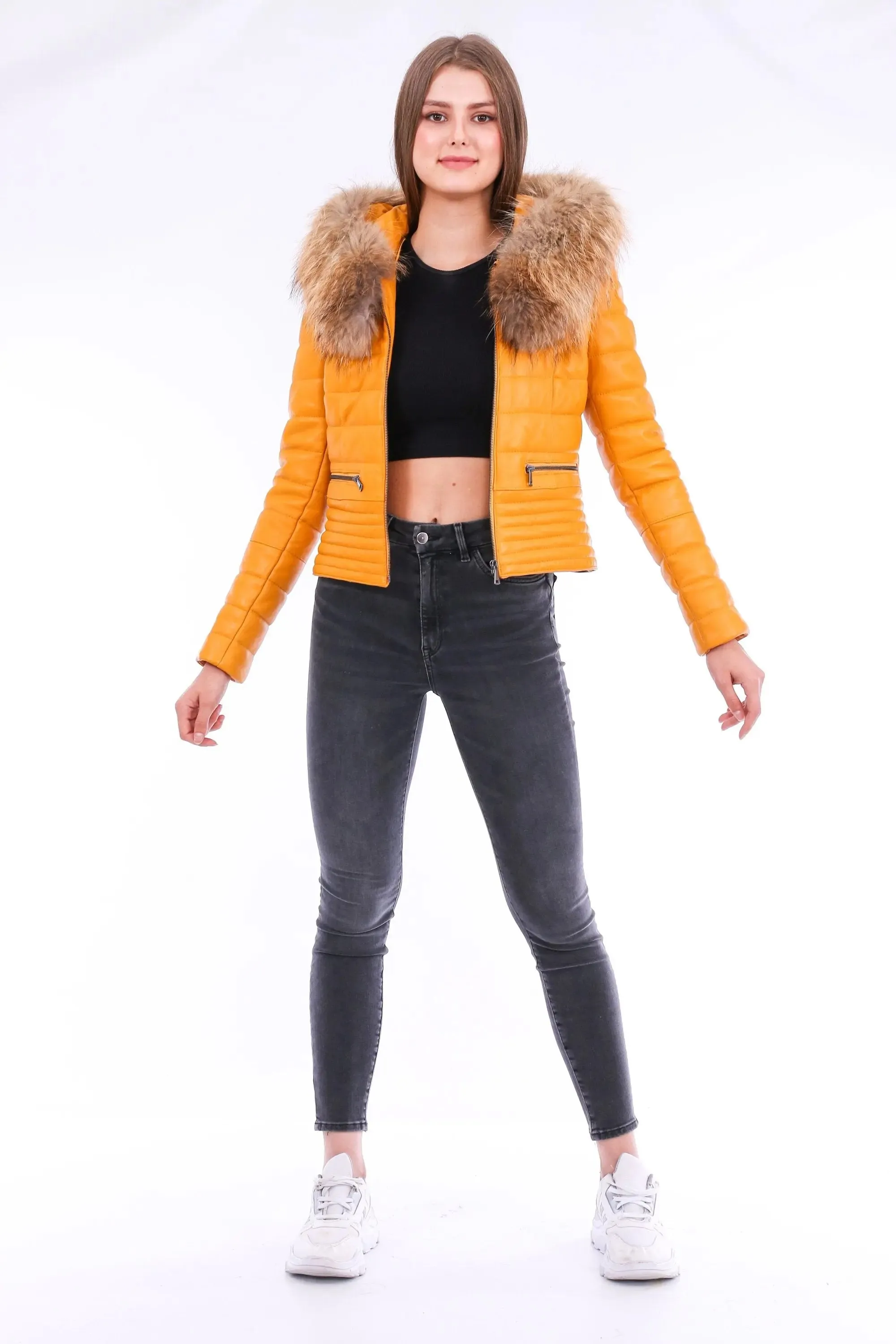 Chic Yellow Nappa Leather Jacket with Elegant Faux Fox Fur Collar