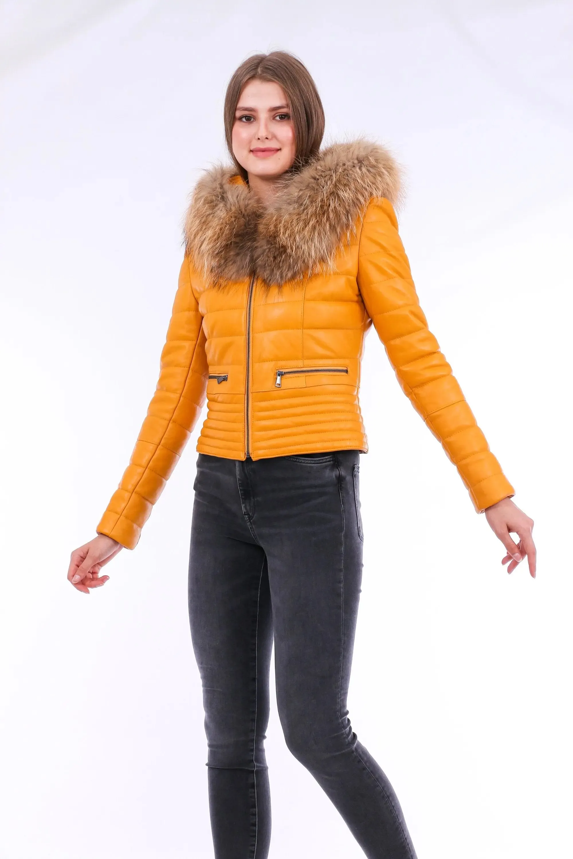 Chic Yellow Nappa Leather Jacket with Elegant Faux Fox Fur Collar