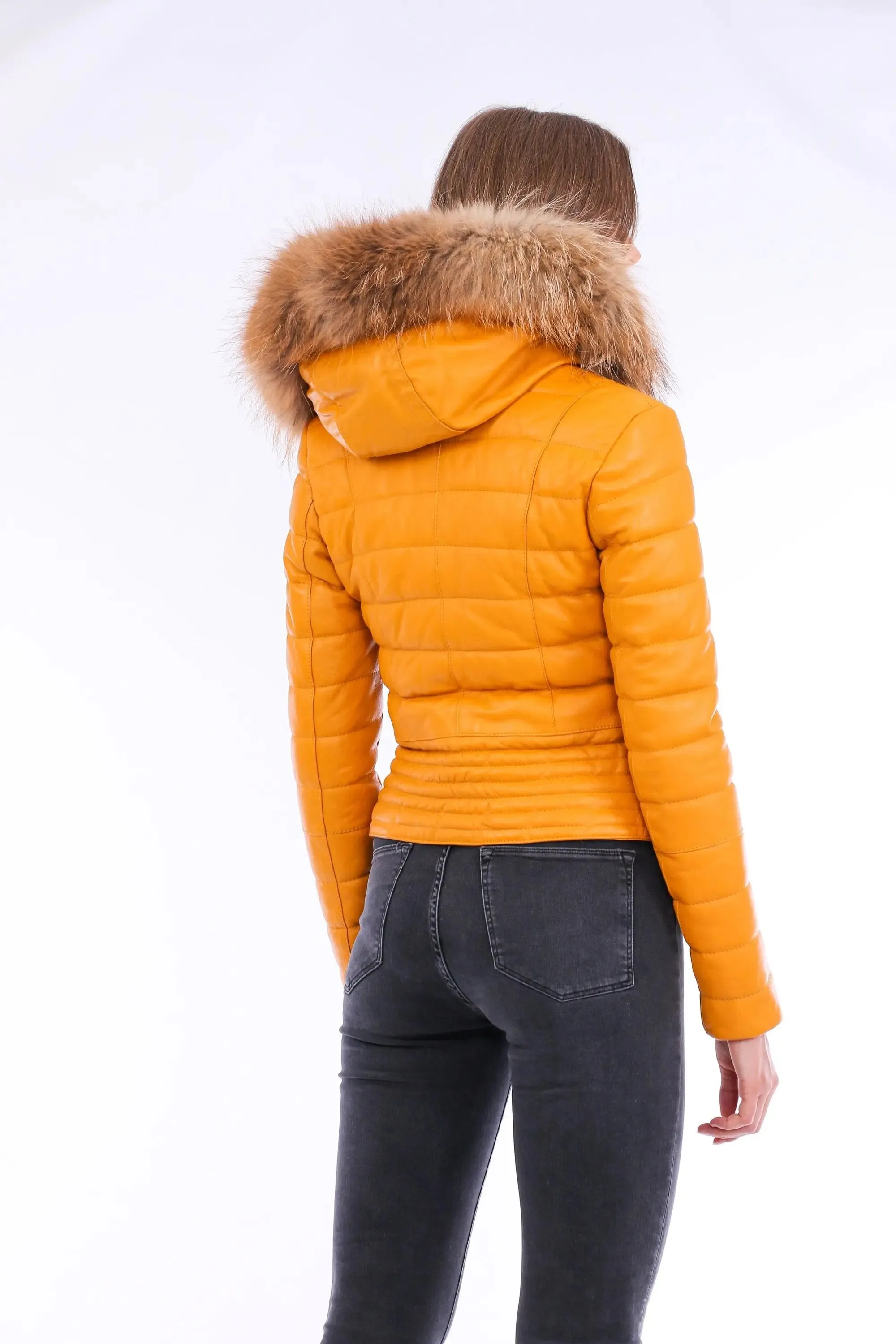 Chic Yellow Nappa Leather Jacket with Elegant Faux Fox Fur Collar