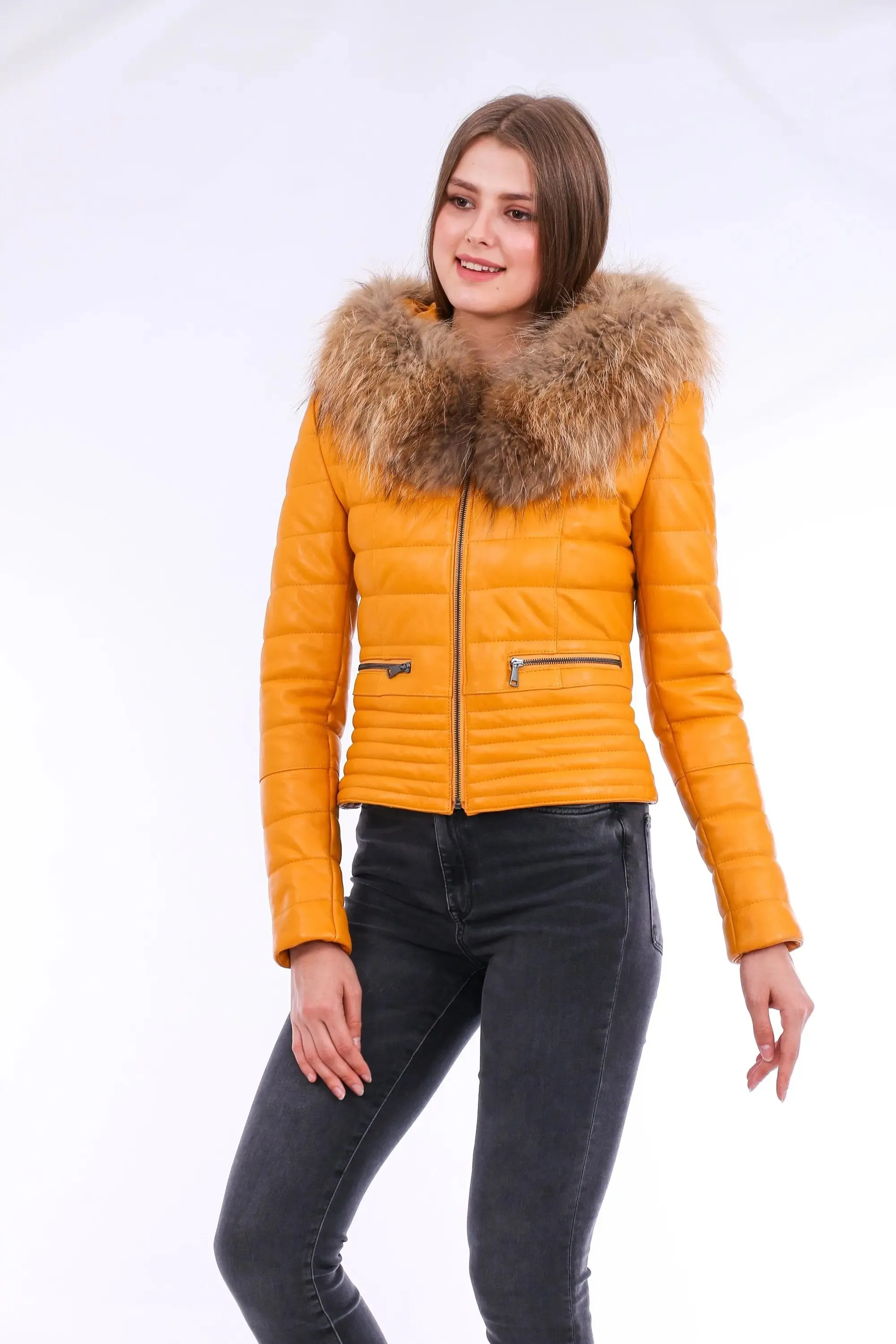 Chic Yellow Nappa Leather Jacket with Elegant Faux Fox Fur Collar