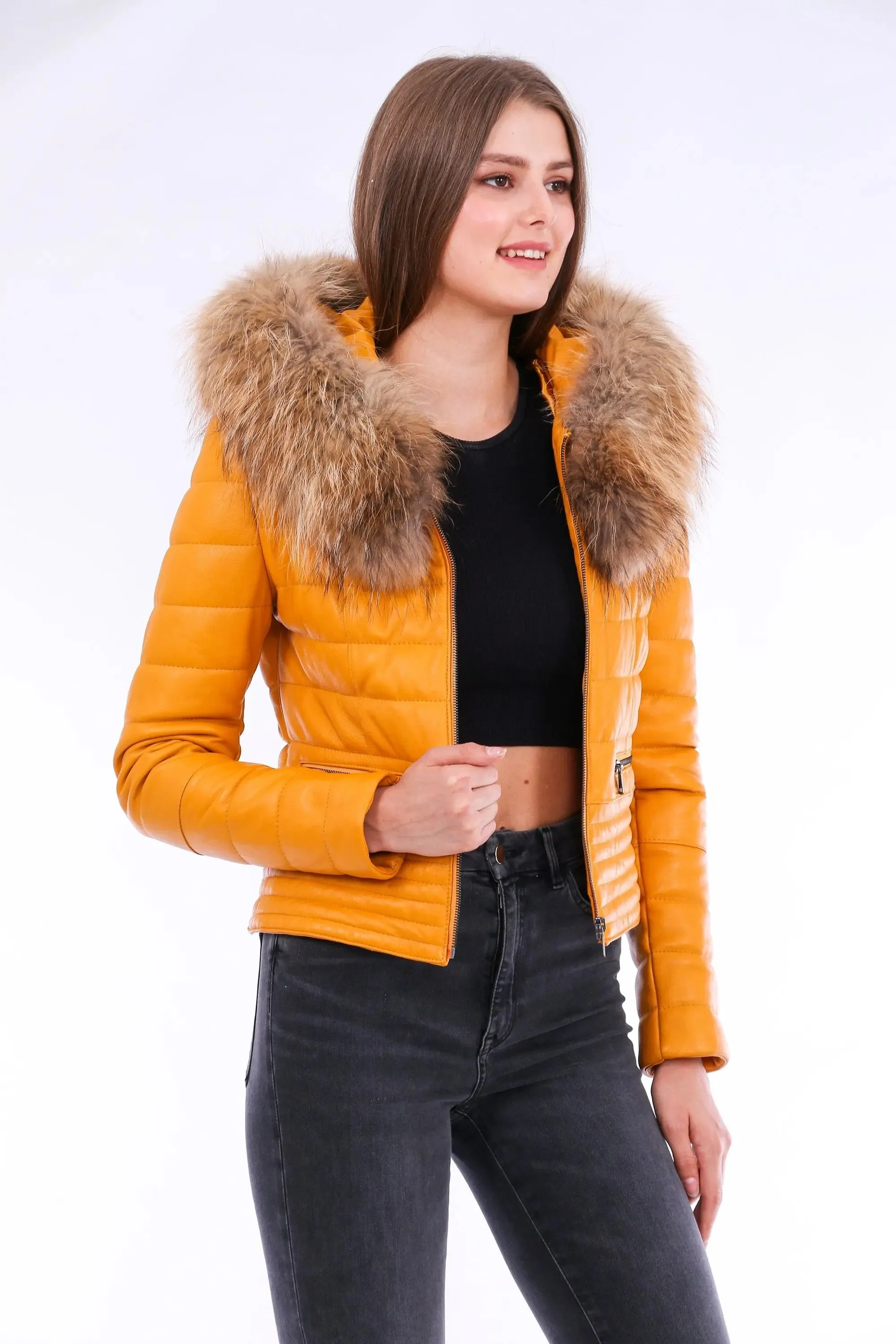 Chic Yellow Nappa Leather Jacket with Elegant Faux Fox Fur Collar