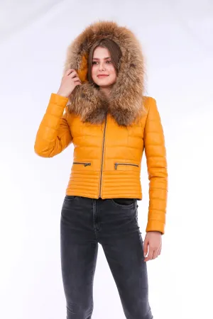 Chic Yellow Nappa Leather Jacket with Elegant Faux Fox Fur Collar