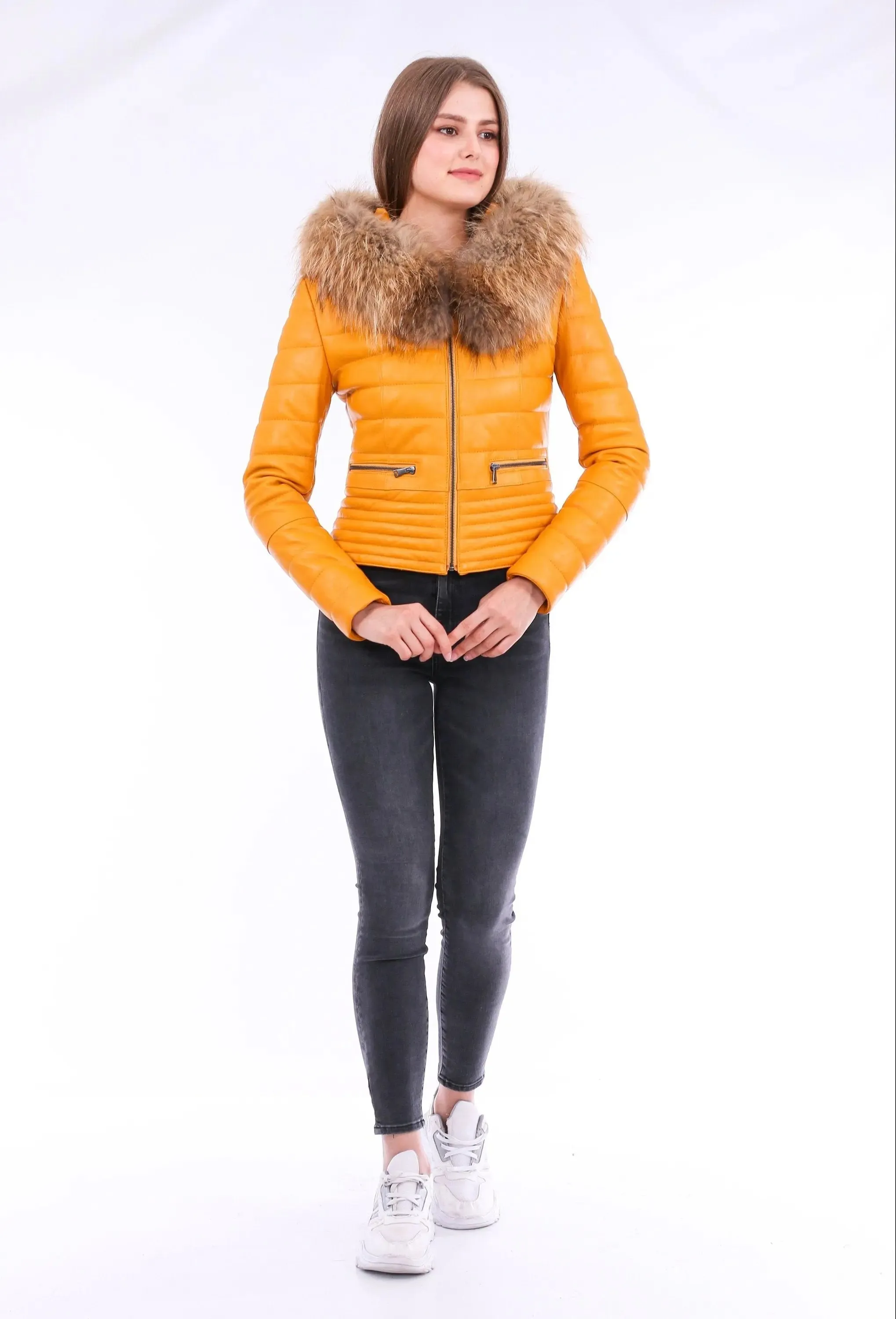 Chic Yellow Nappa Leather Jacket with Elegant Faux Fox Fur Collar