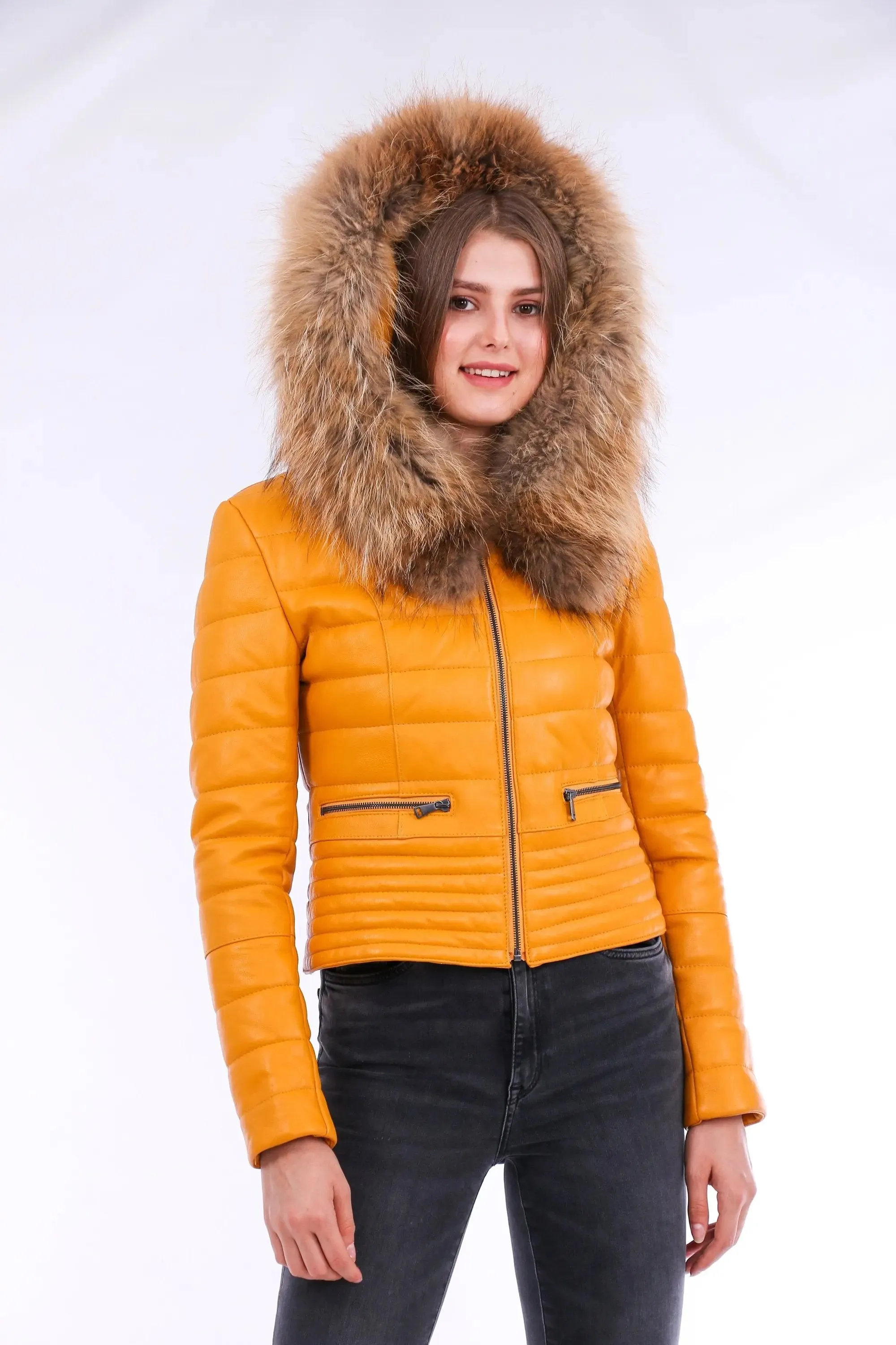 Chic Yellow Nappa Leather Jacket with Elegant Faux Fox Fur Collar