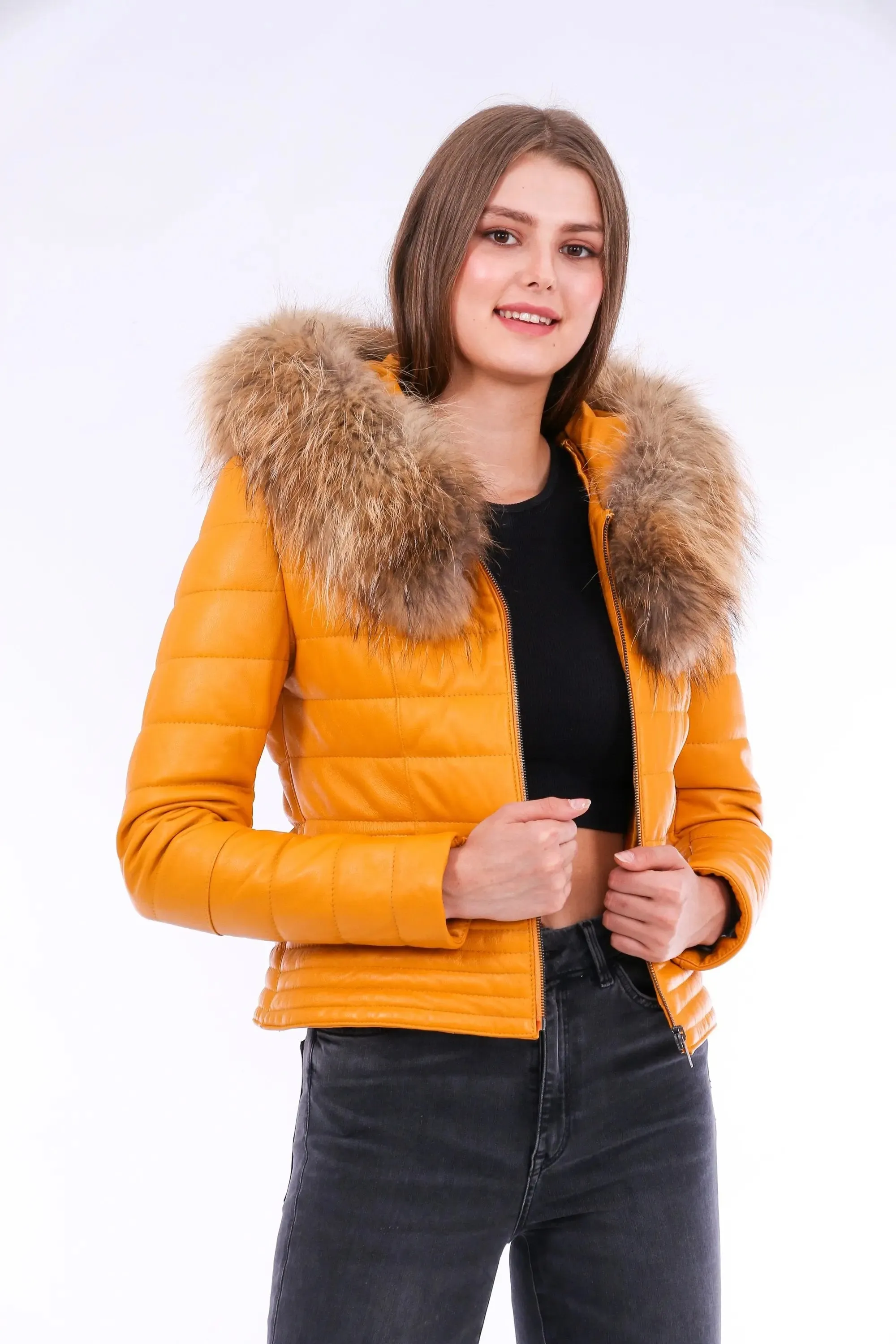 Chic Yellow Nappa Leather Jacket with Elegant Faux Fox Fur Collar