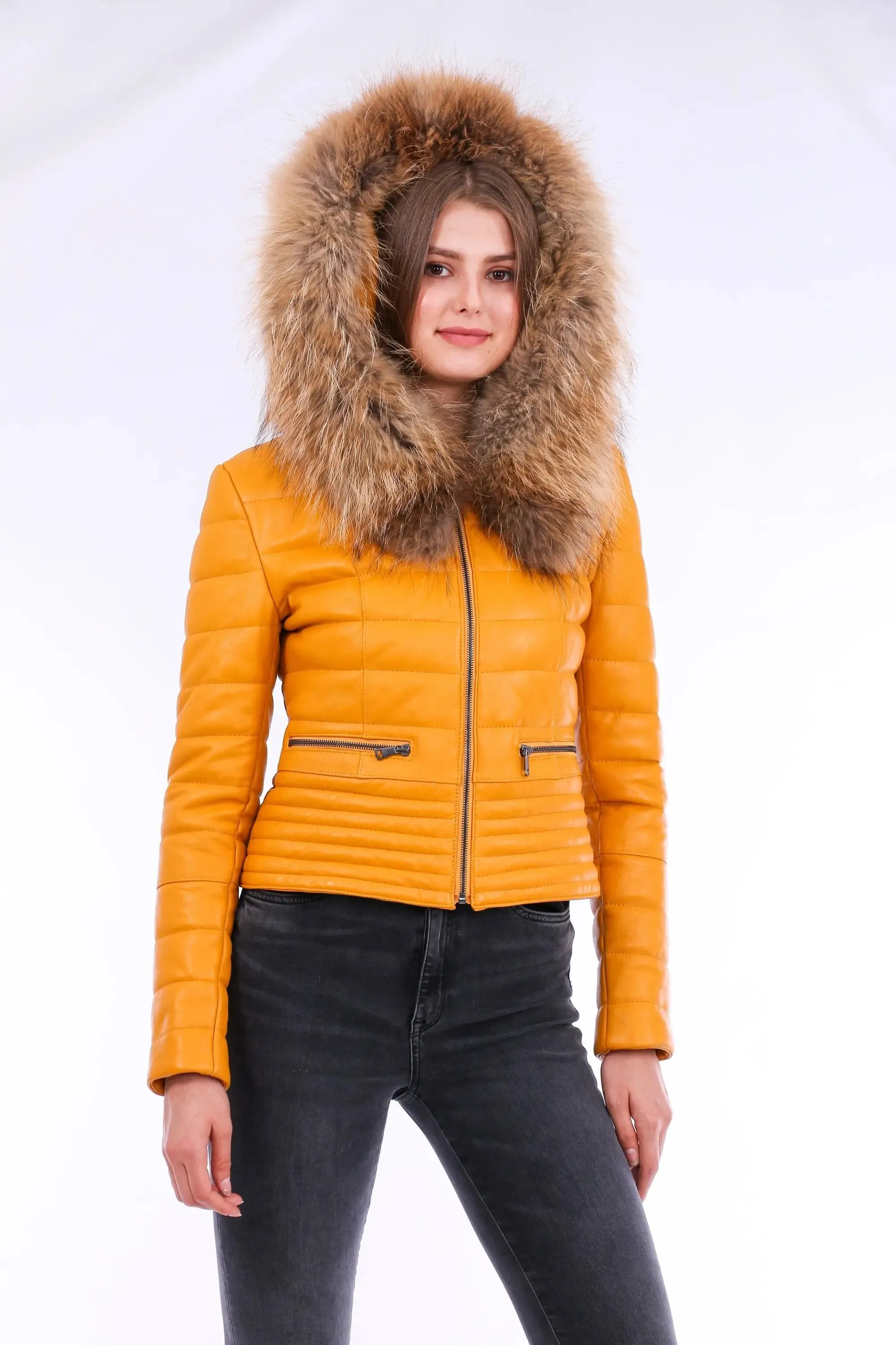 Chic Yellow Nappa Leather Jacket with Elegant Faux Fox Fur Collar