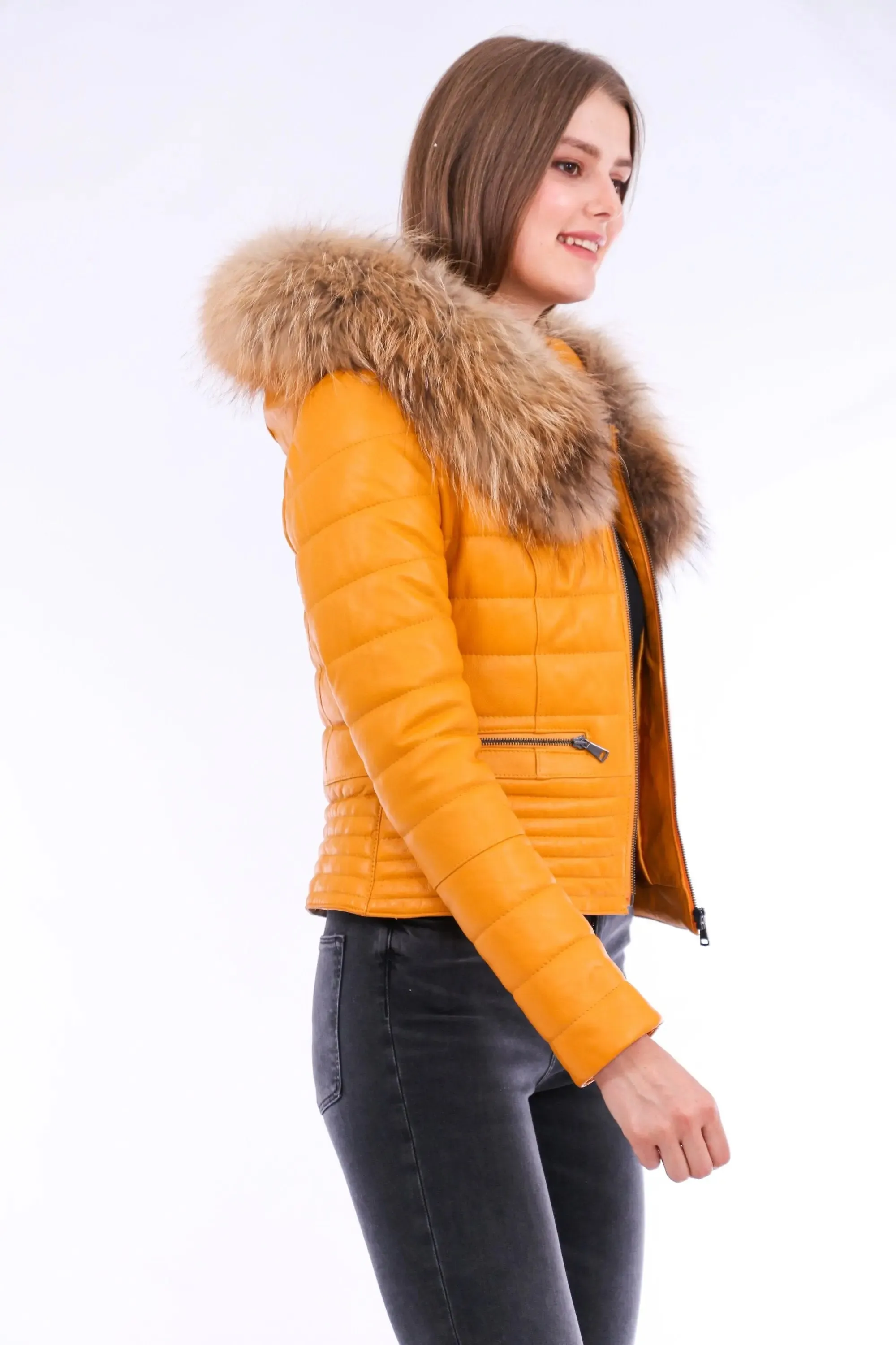 Chic Yellow Nappa Leather Jacket with Elegant Faux Fox Fur Collar