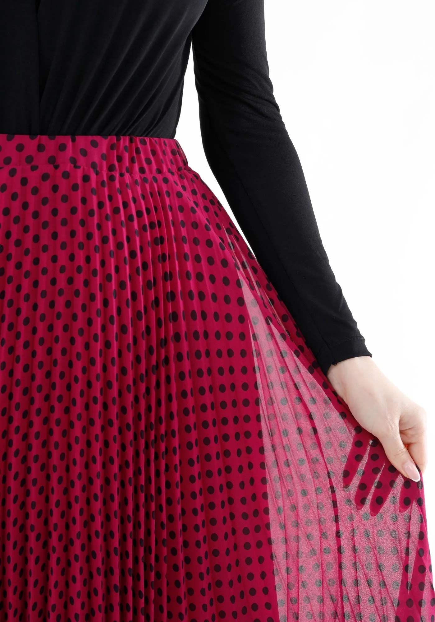 Chiffon Polka Dot Pattern Pleated Midi Skirt