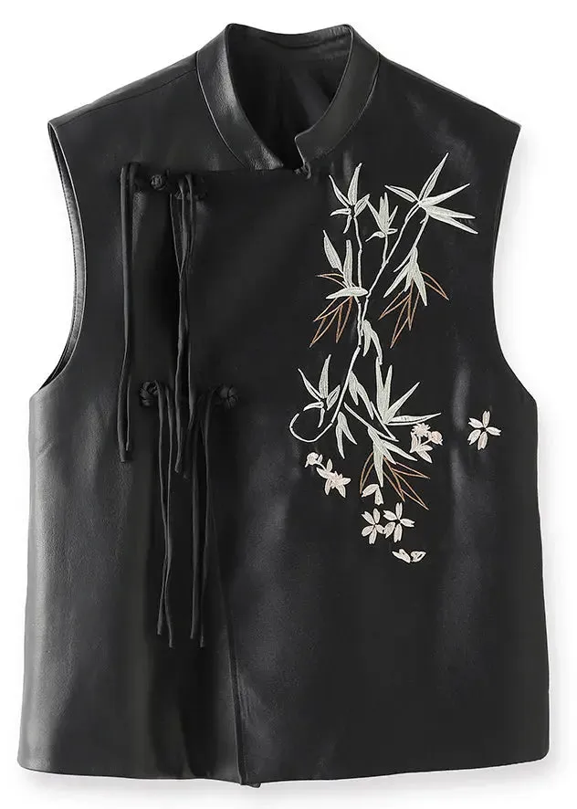 Chinese Button Embroidered Leather Shirt Waistcoat Sleeveless