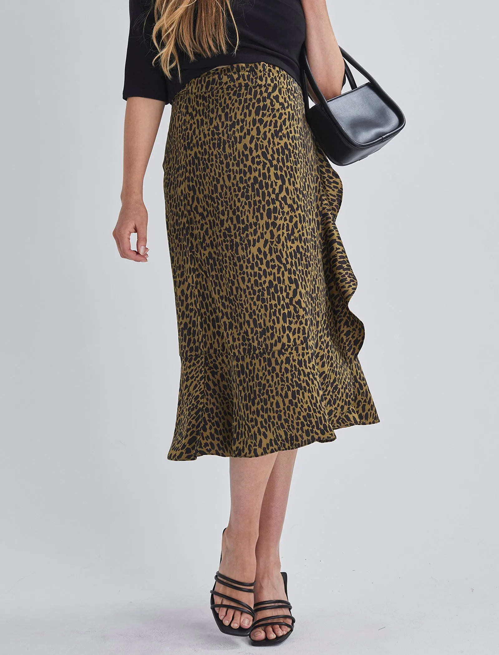 Christie Maternity Wrap Midi Skirt in Khaki Leopard Print