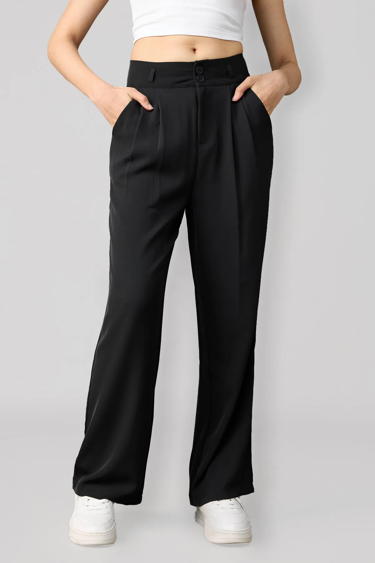 Classic Pleated Wide Leg Korean Pants - Black