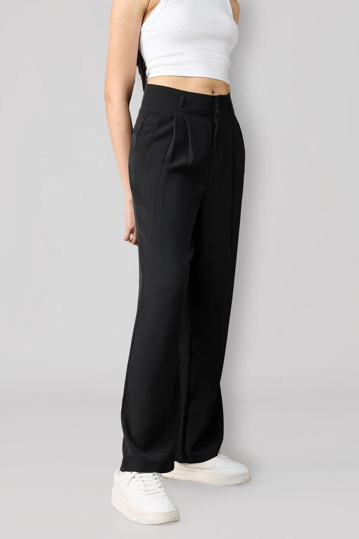 Classic Pleated Wide Leg Korean Pants - Black