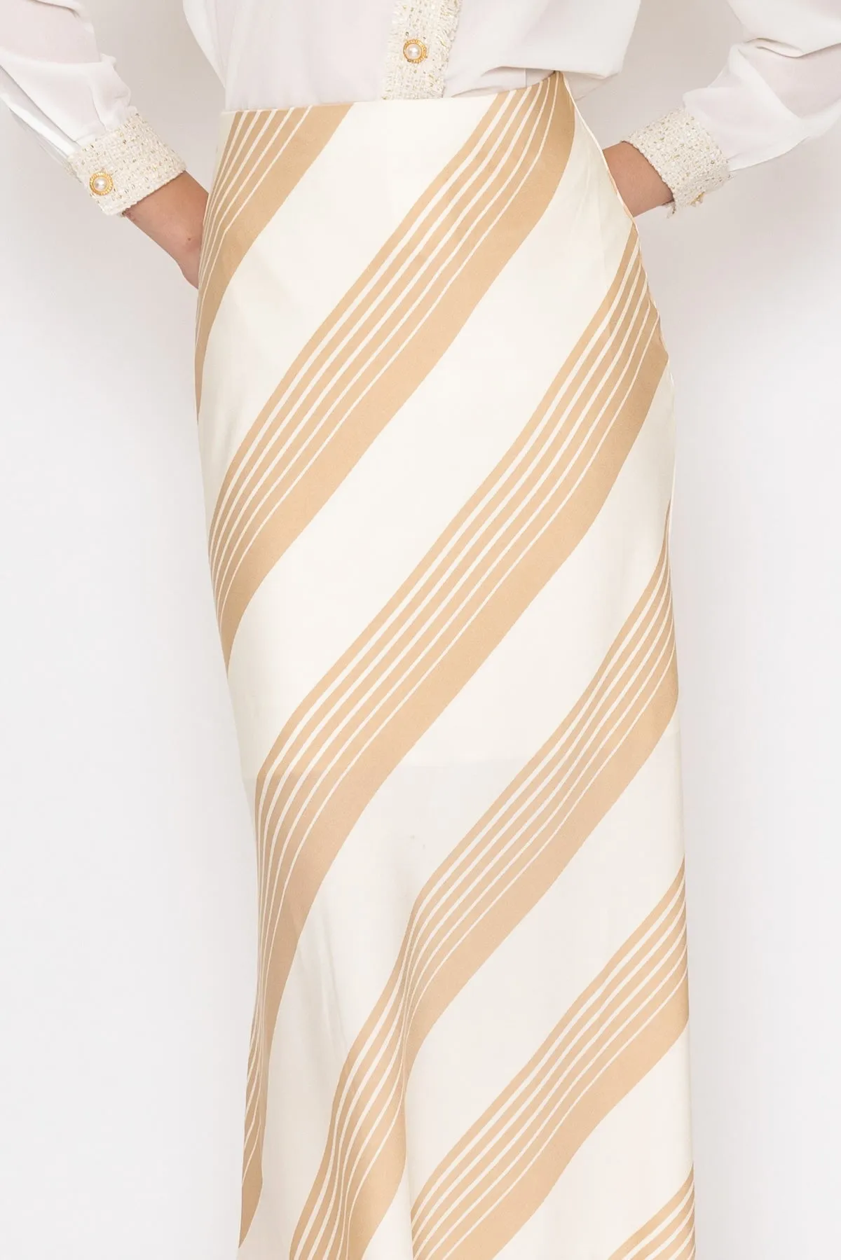 Cream Satin Stripe Midi Skirt