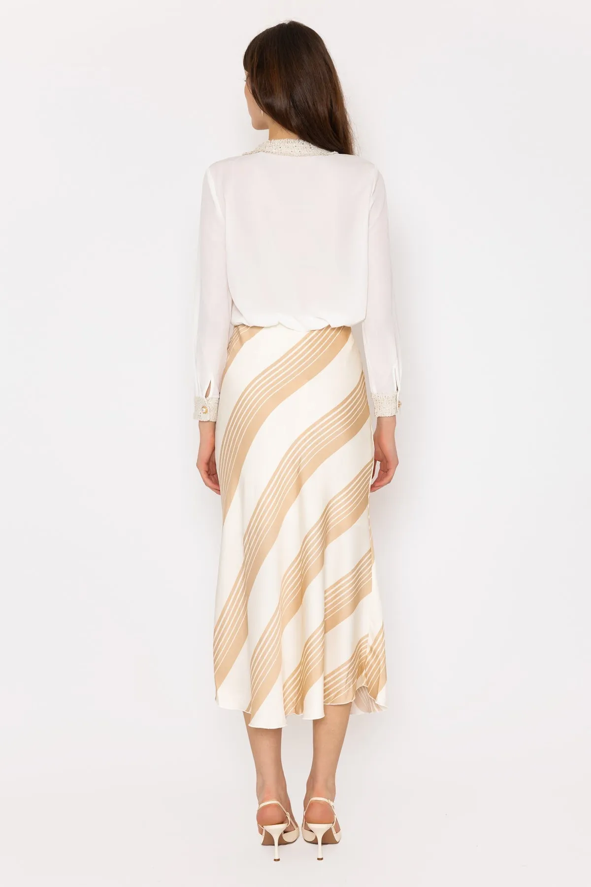 Cream Satin Stripe Midi Skirt