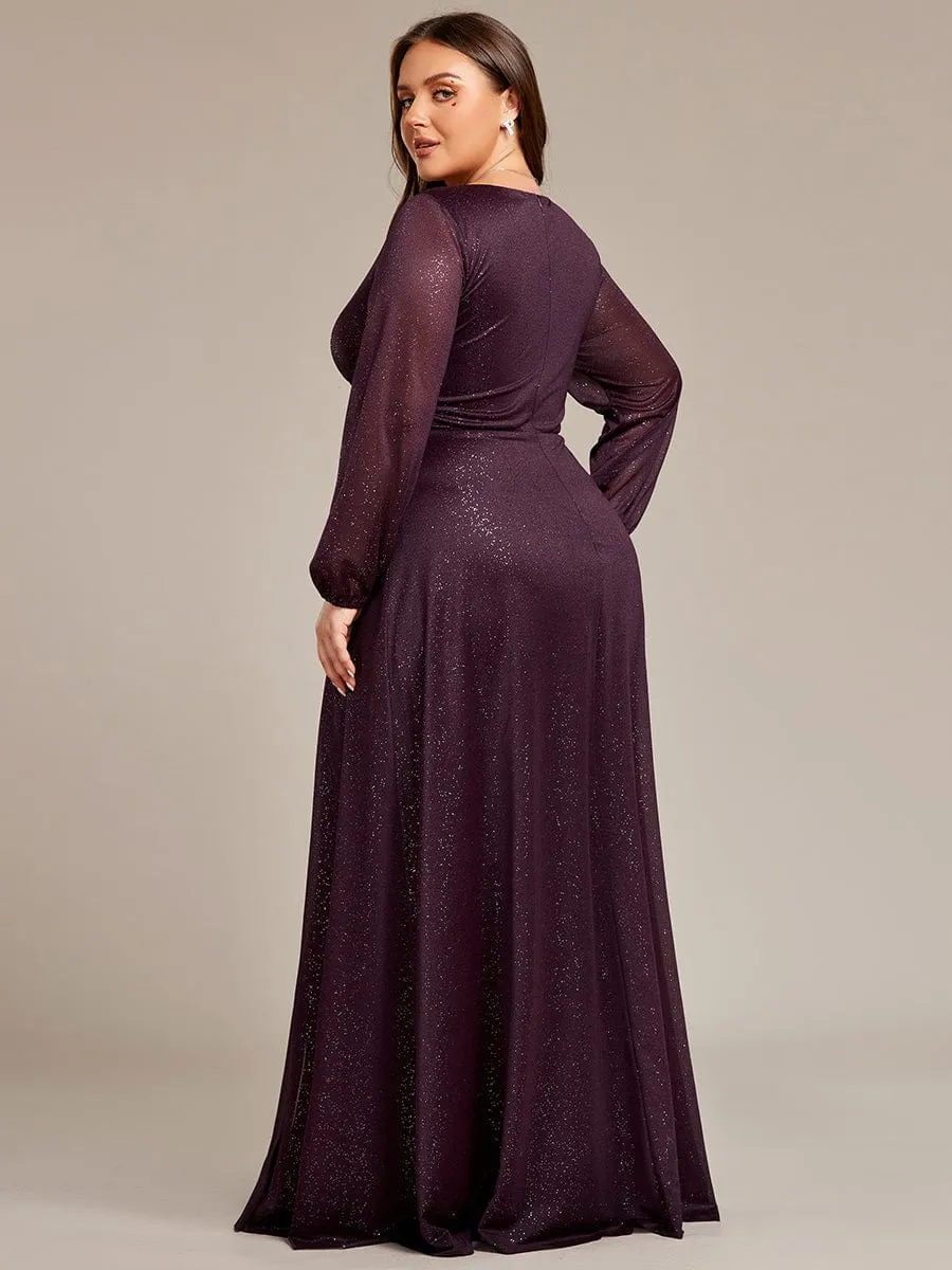 Custom Size Long Sleeve Side Split V-Neck Glittery Evening Dress