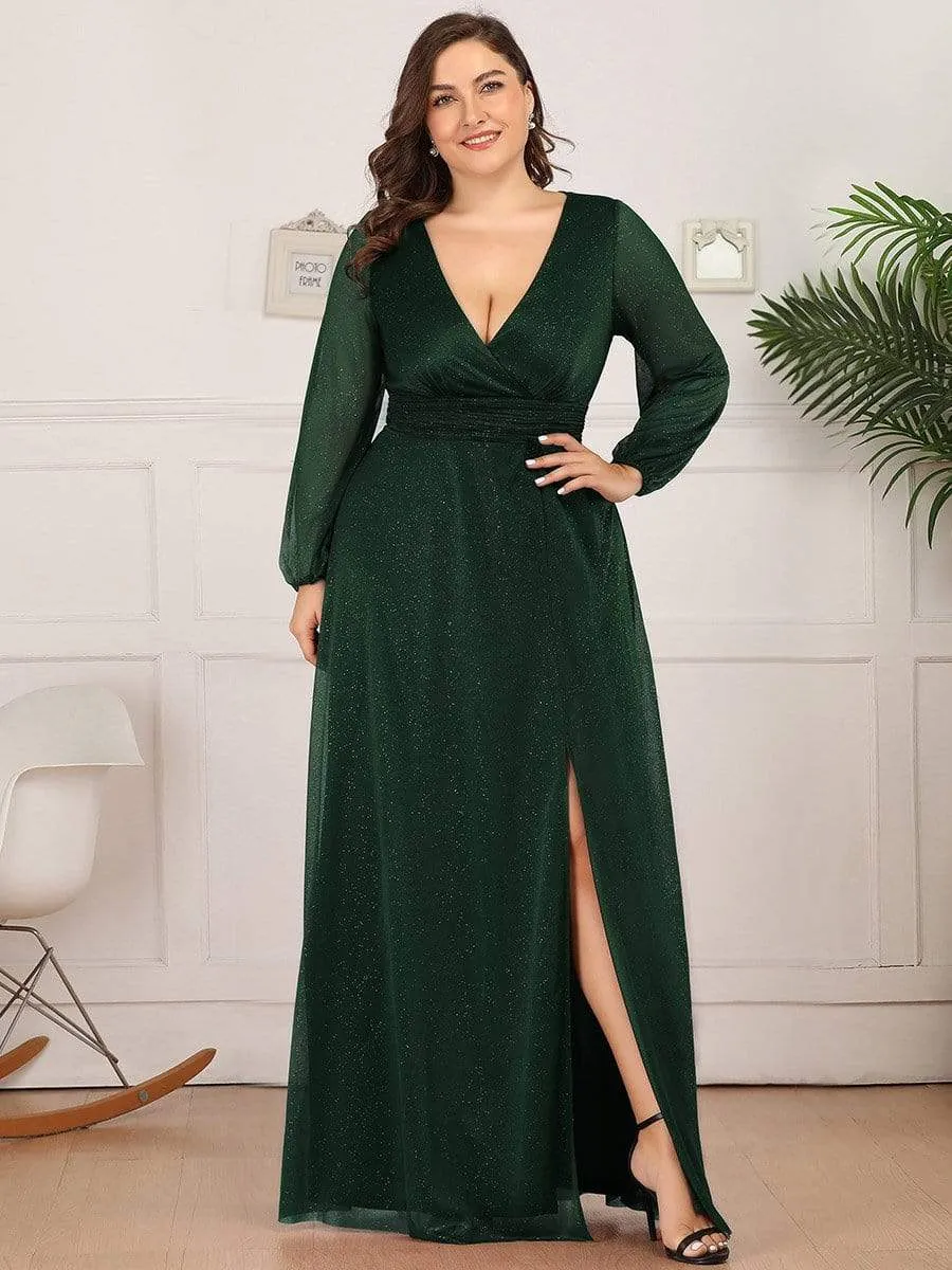 Custom Size Long Sleeve Side Split V-Neck Glittery Evening Dress