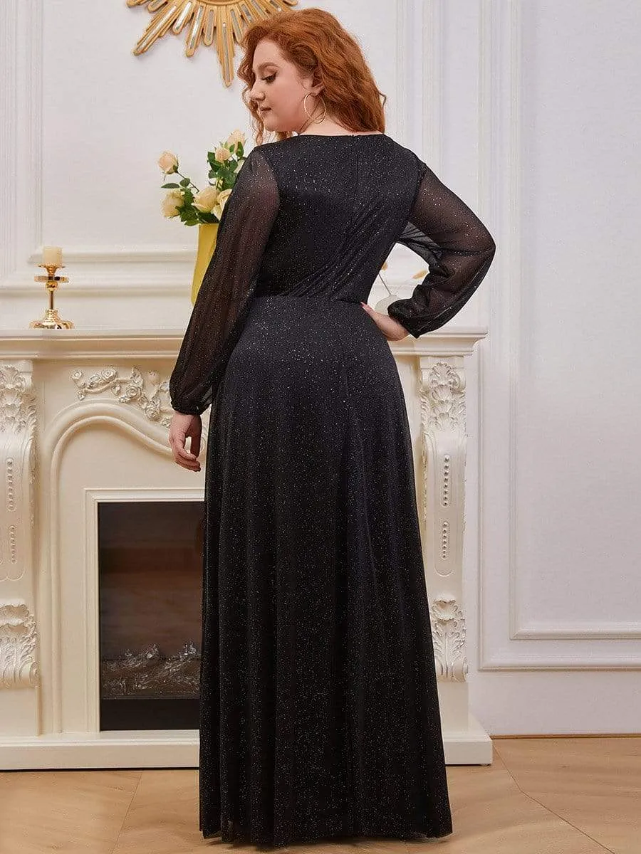 Custom Size Long Sleeve Side Split V-Neck Glittery Evening Dress