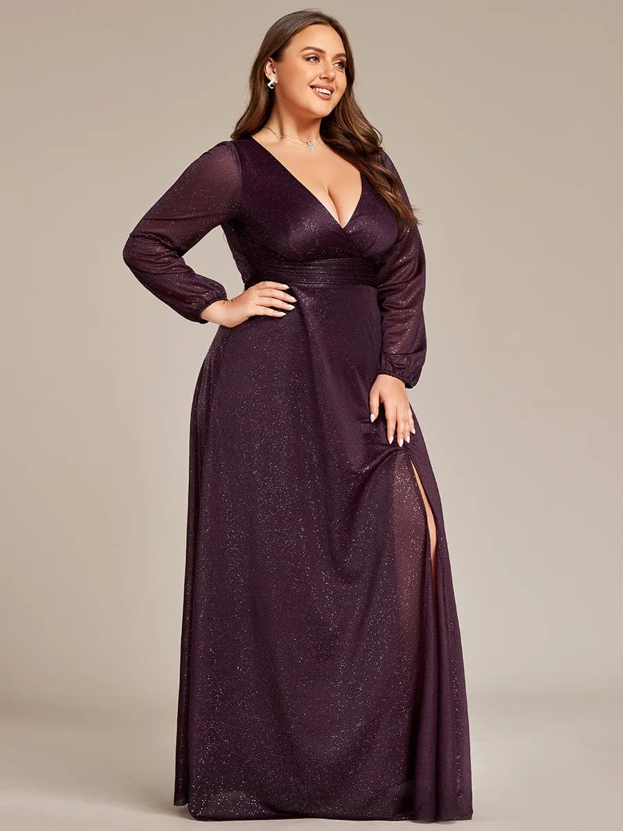 Custom Size Long Sleeve Side Split V-Neck Glittery Evening Dress