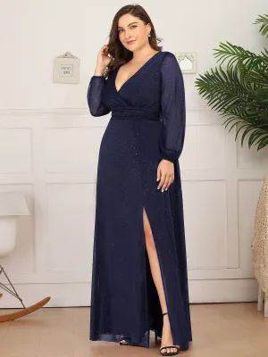 Custom Size Long Sleeve Side Split V-Neck Glittery Evening Dress