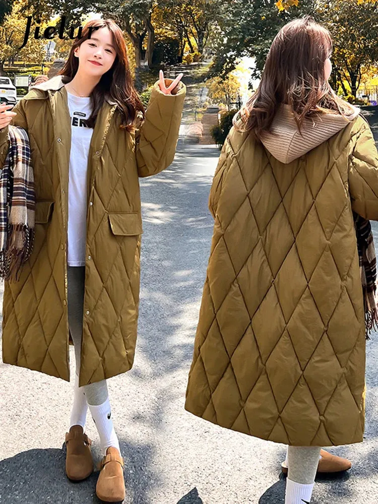 Diamond Plaid Cotton Padded Jacket for Women White Parkas New Detachable Knitted Hat Knee Length Coffee Pink Coat S-L