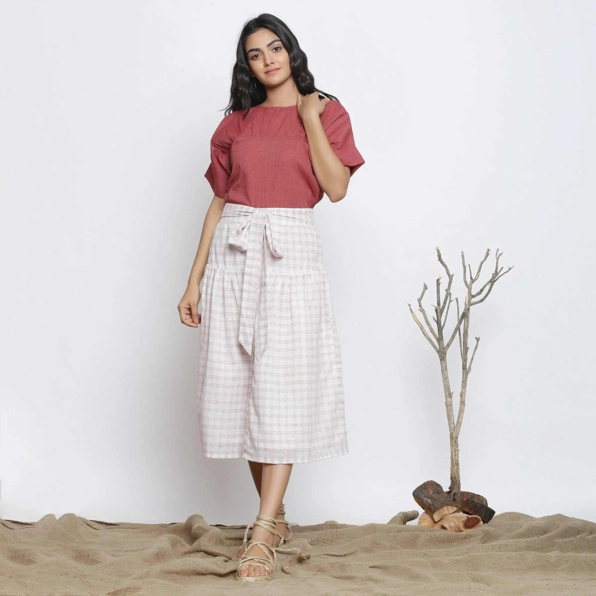 Ecru Handspun Cotton High-Rise Gathered Midi Skirt