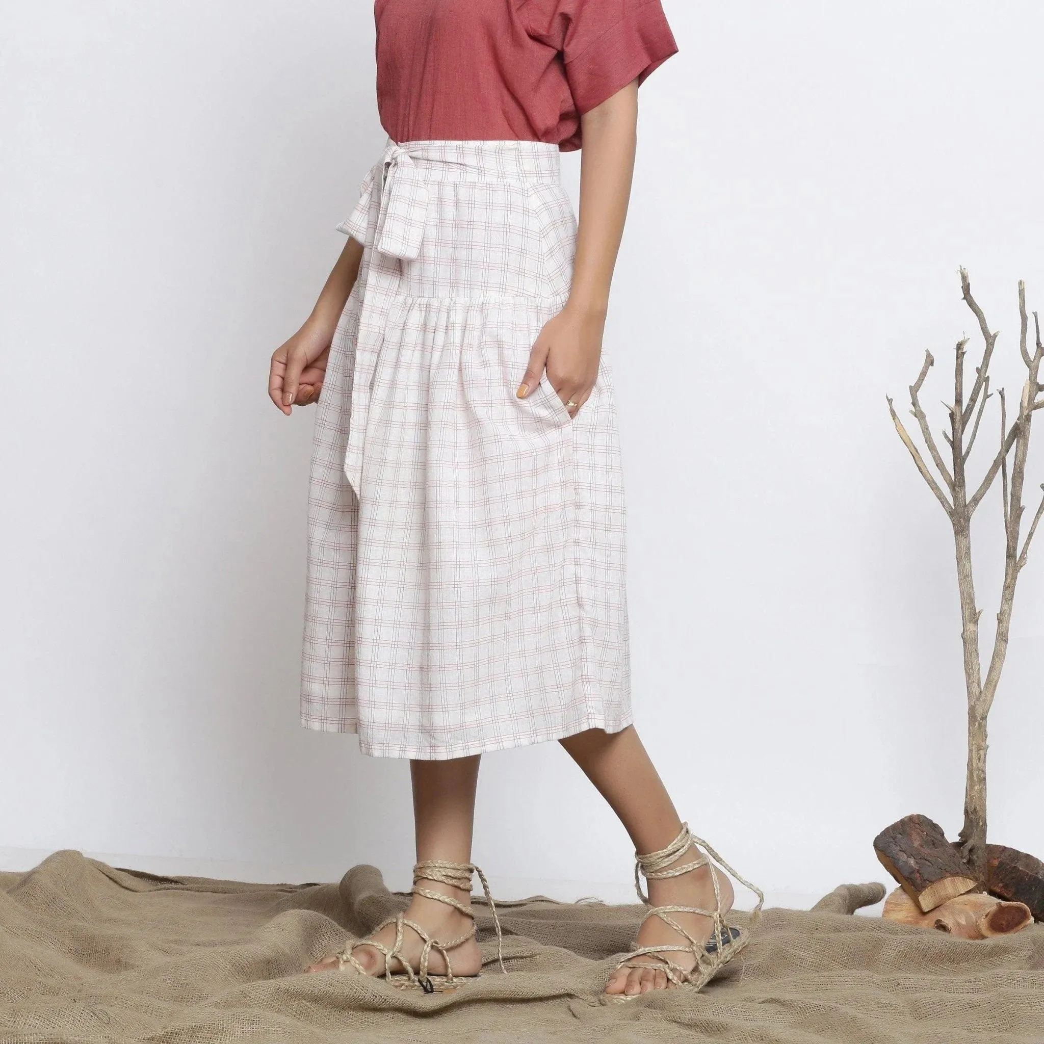 Ecru Handspun Cotton High-Rise Gathered Midi Skirt