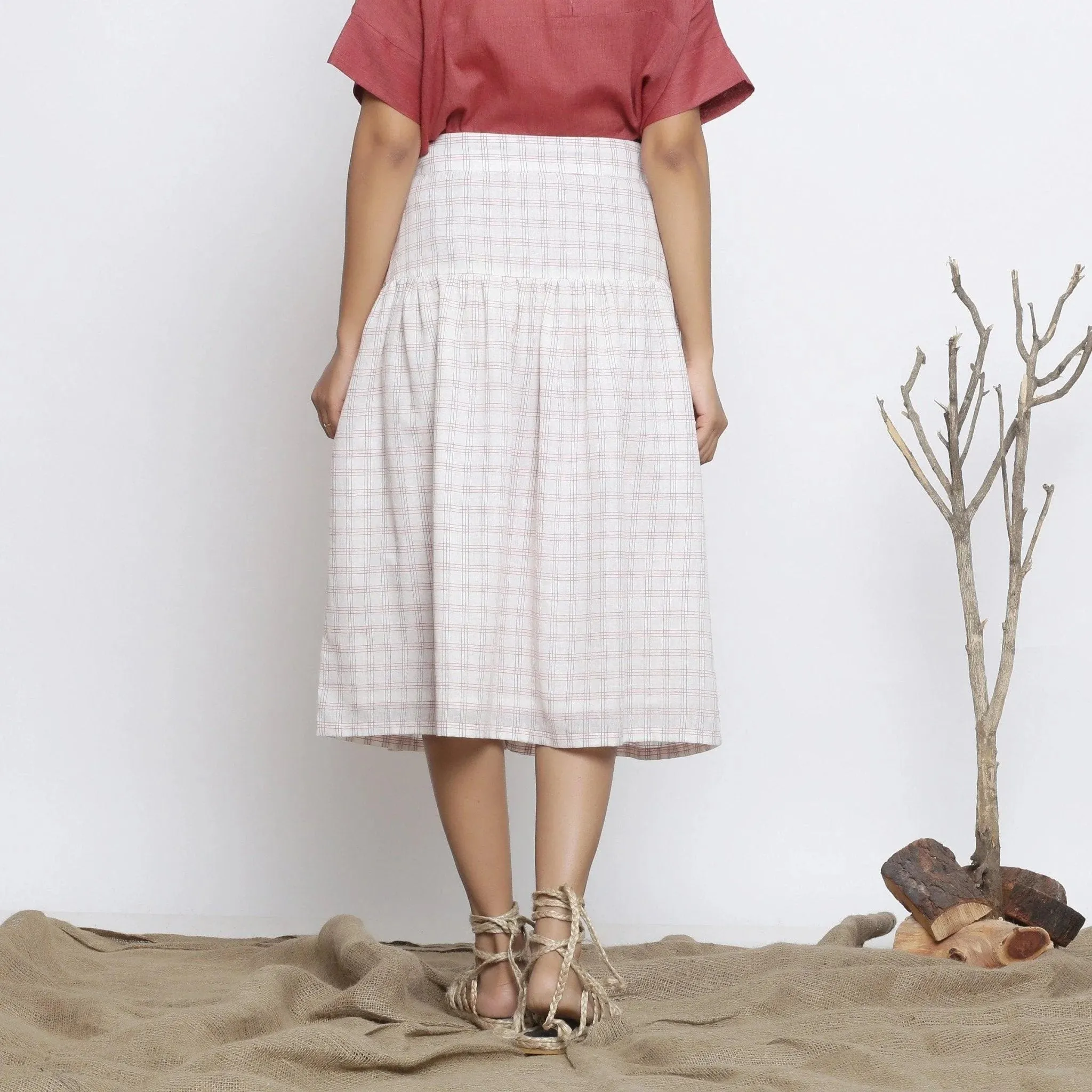 Ecru Handspun Cotton High-Rise Gathered Midi Skirt