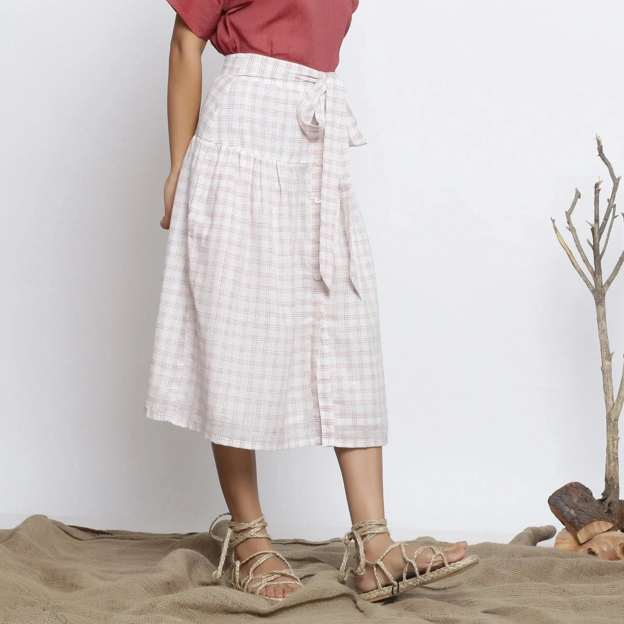 Ecru Handspun Cotton High-Rise Gathered Midi Skirt