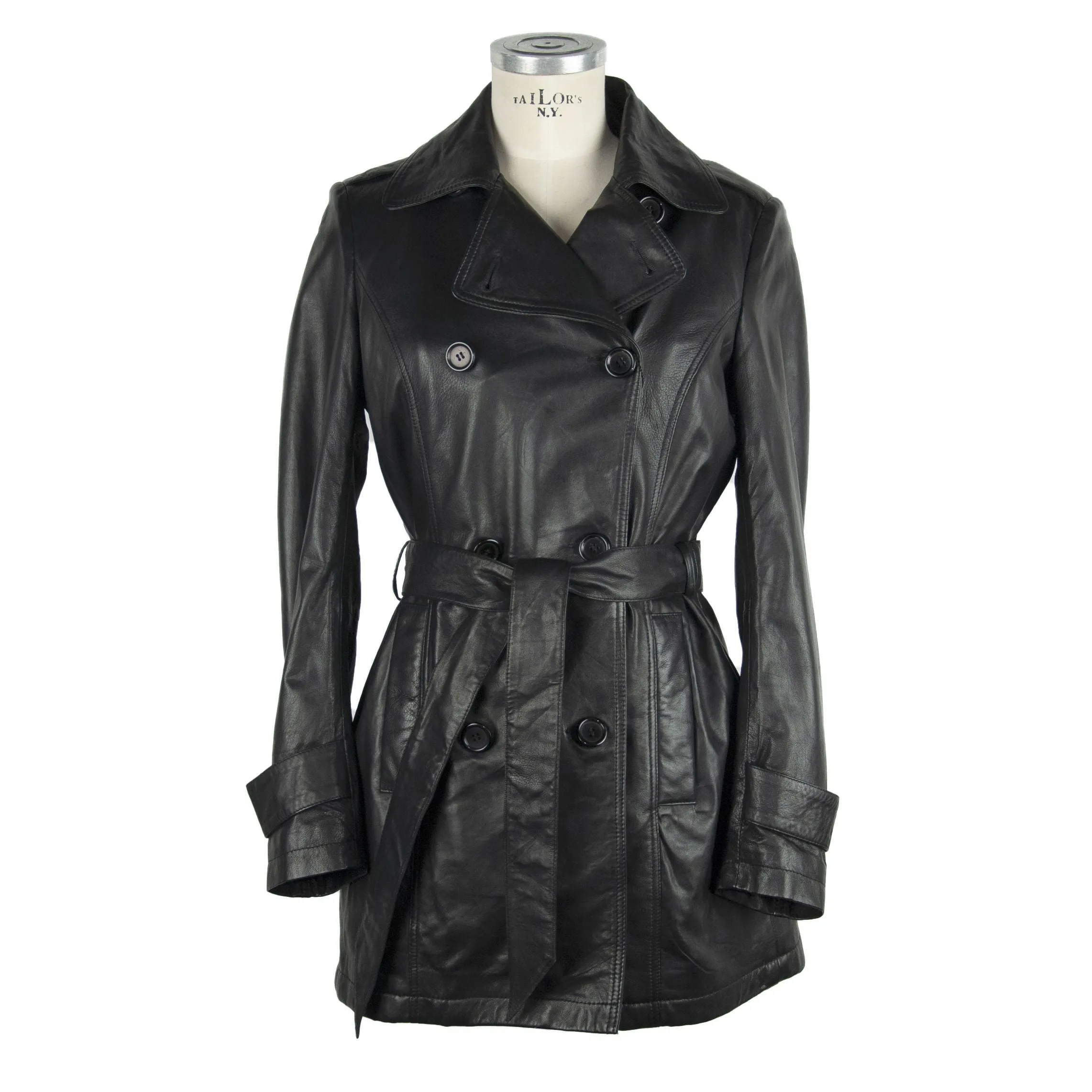 Elegant Black Leather Trench with Belt