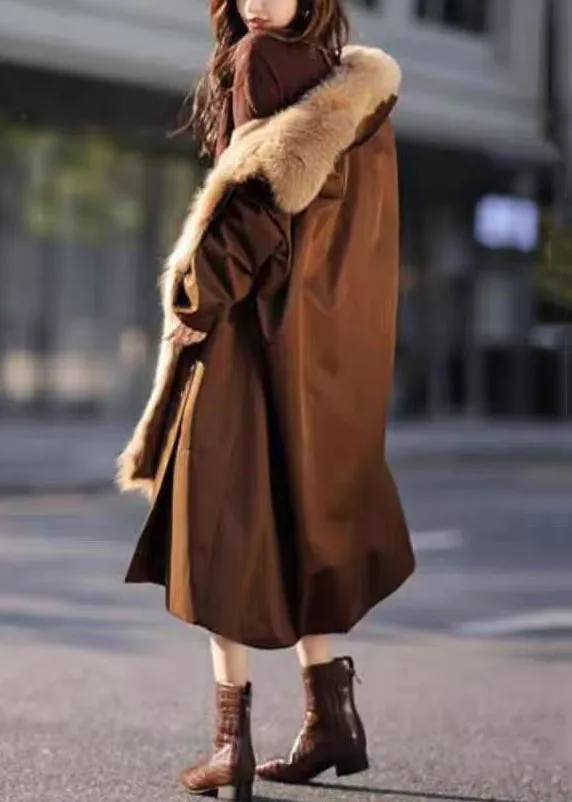 Elegant Chocolate Fur Collar Removable Warm Fleece Long Parkas Winter RC014