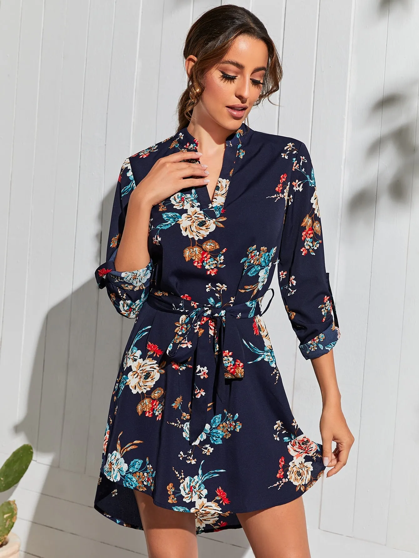 Elegant Floral High Low Long Sleeve Notched Asymmetrical High Waist Short Dress