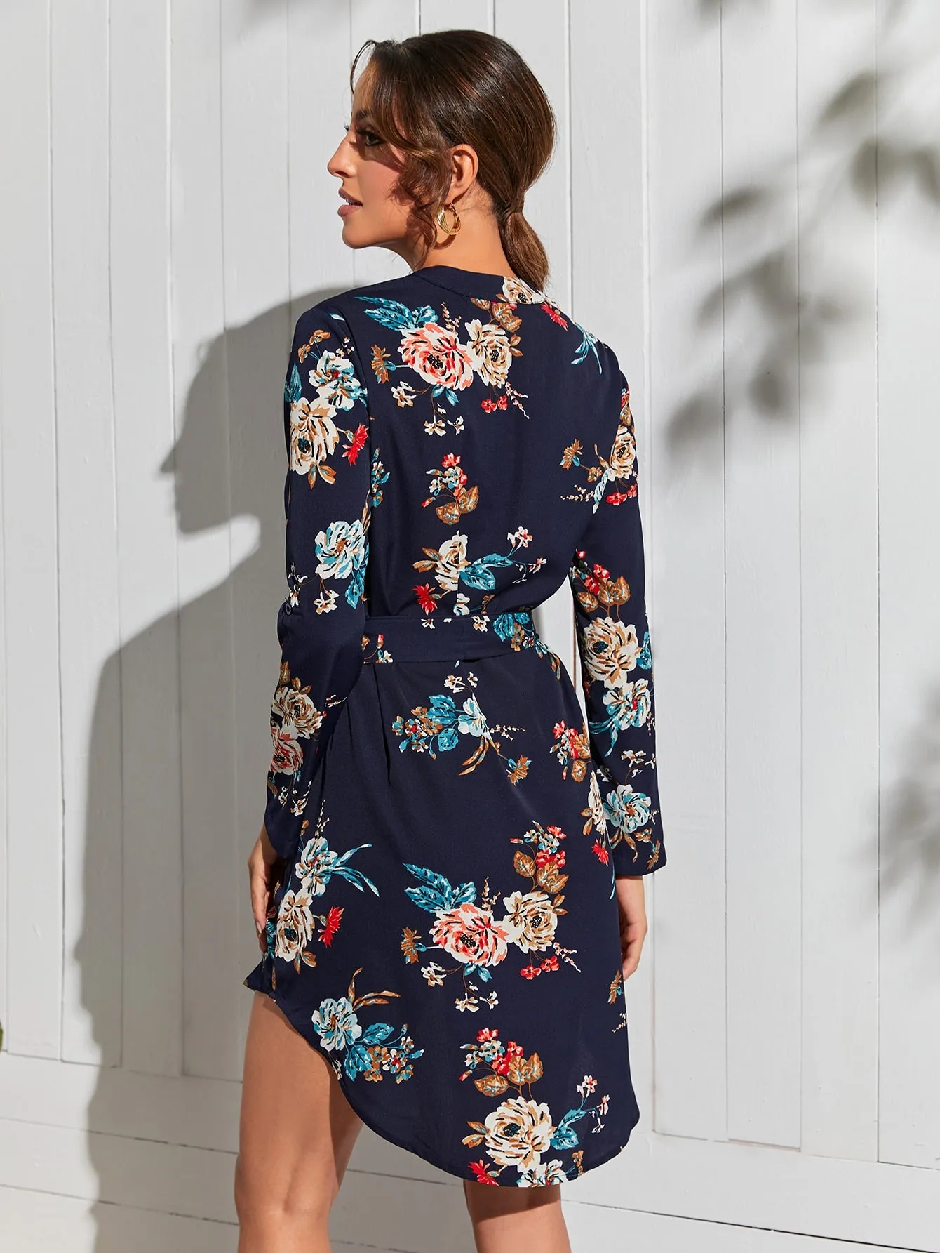 Elegant Floral High Low Long Sleeve Notched Asymmetrical High Waist Short Dress